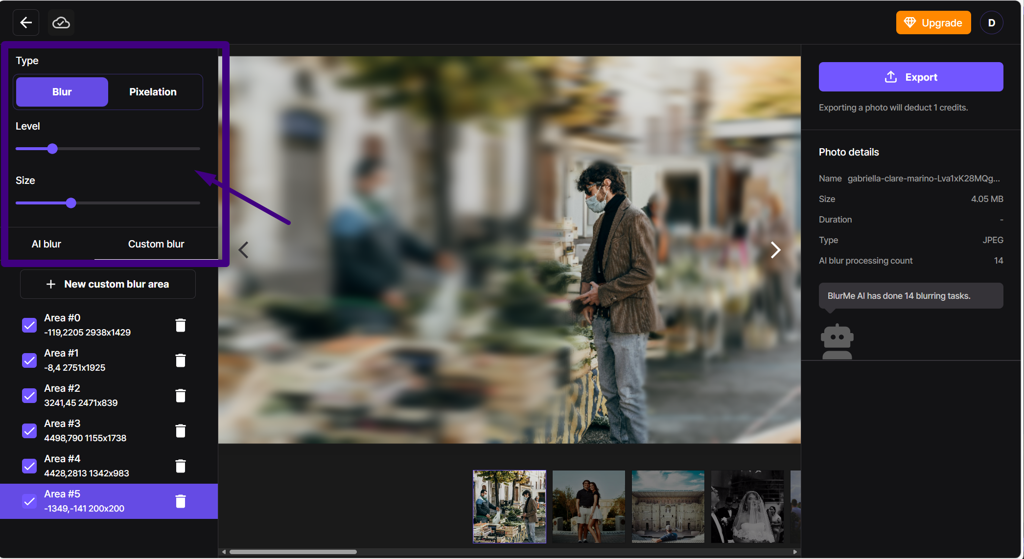 BlurMe AI editor with blur intensity and size adjustment controls for achieving the perfect blurry background