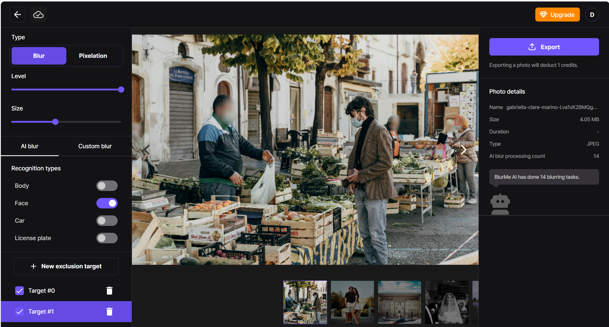  BlurMe AI editor automatically detecting and blurring faces in the background