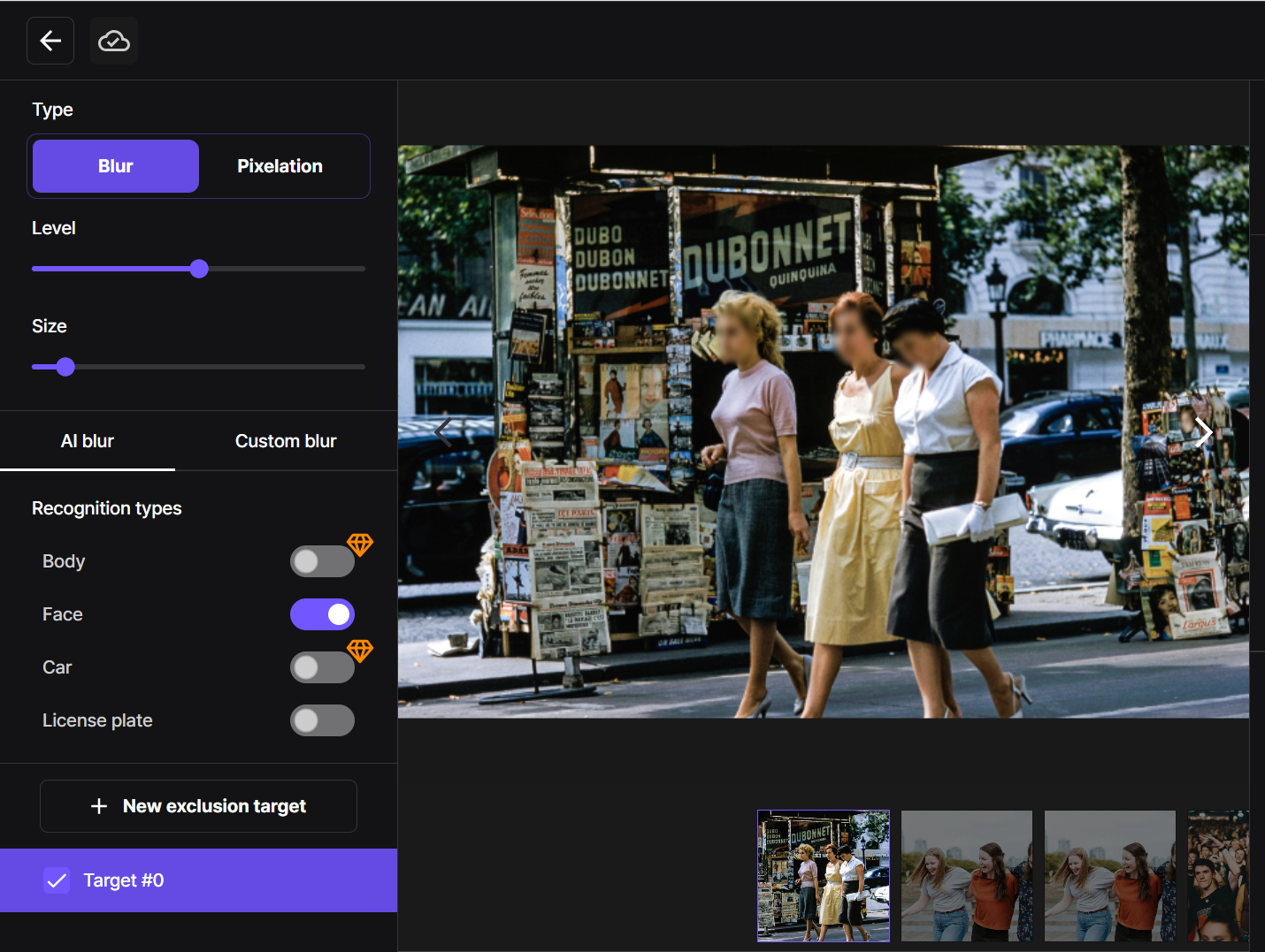 Interface showing how to choose between blur or pixelation to censor images