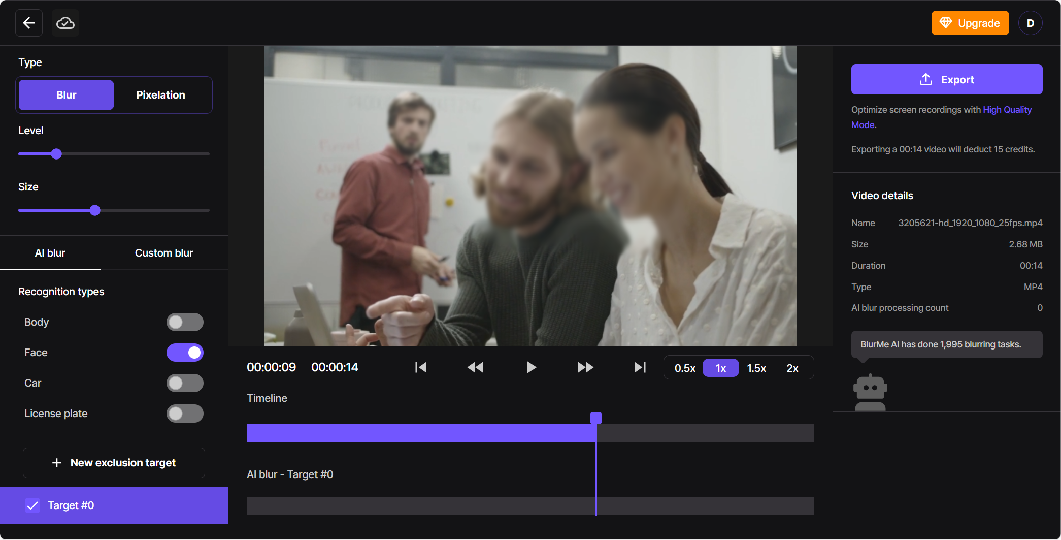  Screenshot of BlurMe’s blur settings with sliders for intensity, size, and blur effect options