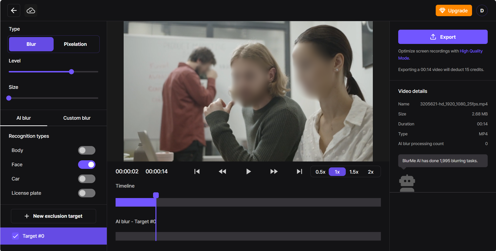 Screenshot of BlurMe’s export panel showing a ready-to-download blurred video
