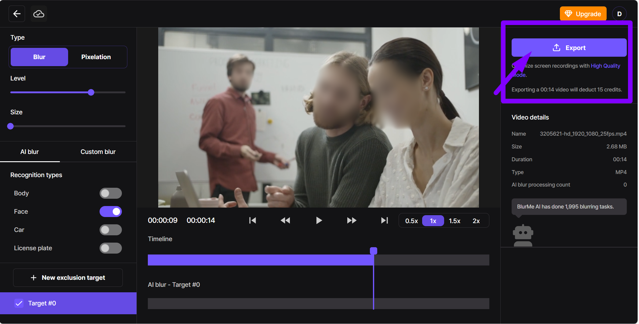 Screenshot of the final blurred video with a export button highlighted