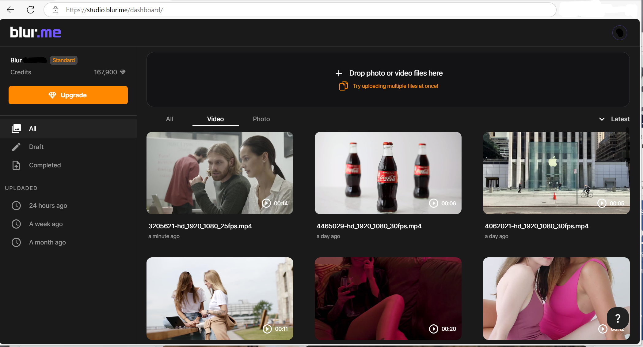Screenshot of the BlurMe upload page with a video file being selected