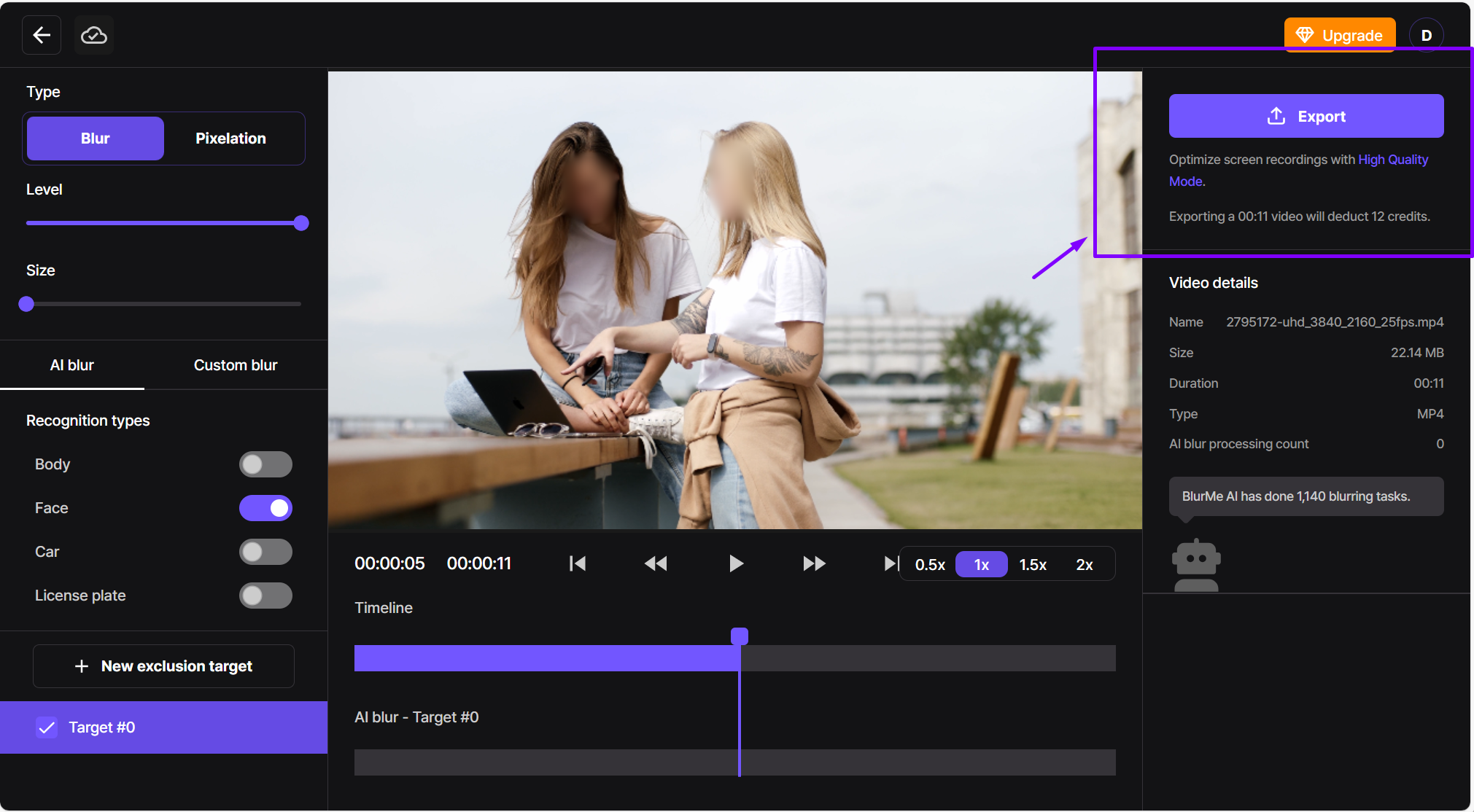 Export video with blurred faces using BlurMe, without watermarks or hassle.