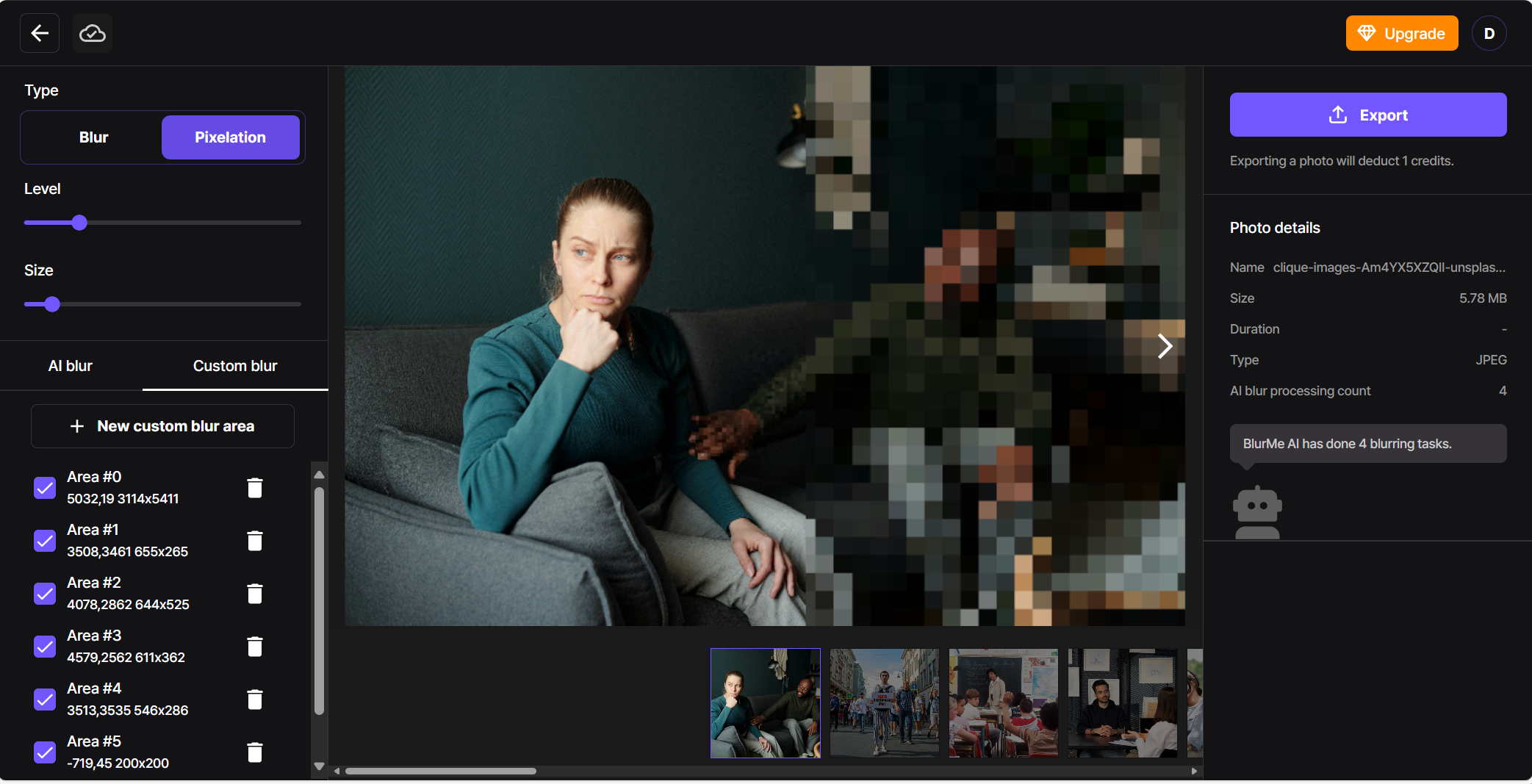Screenshot of an image with a pixelated background applied using BlurMe’s pixelation tool