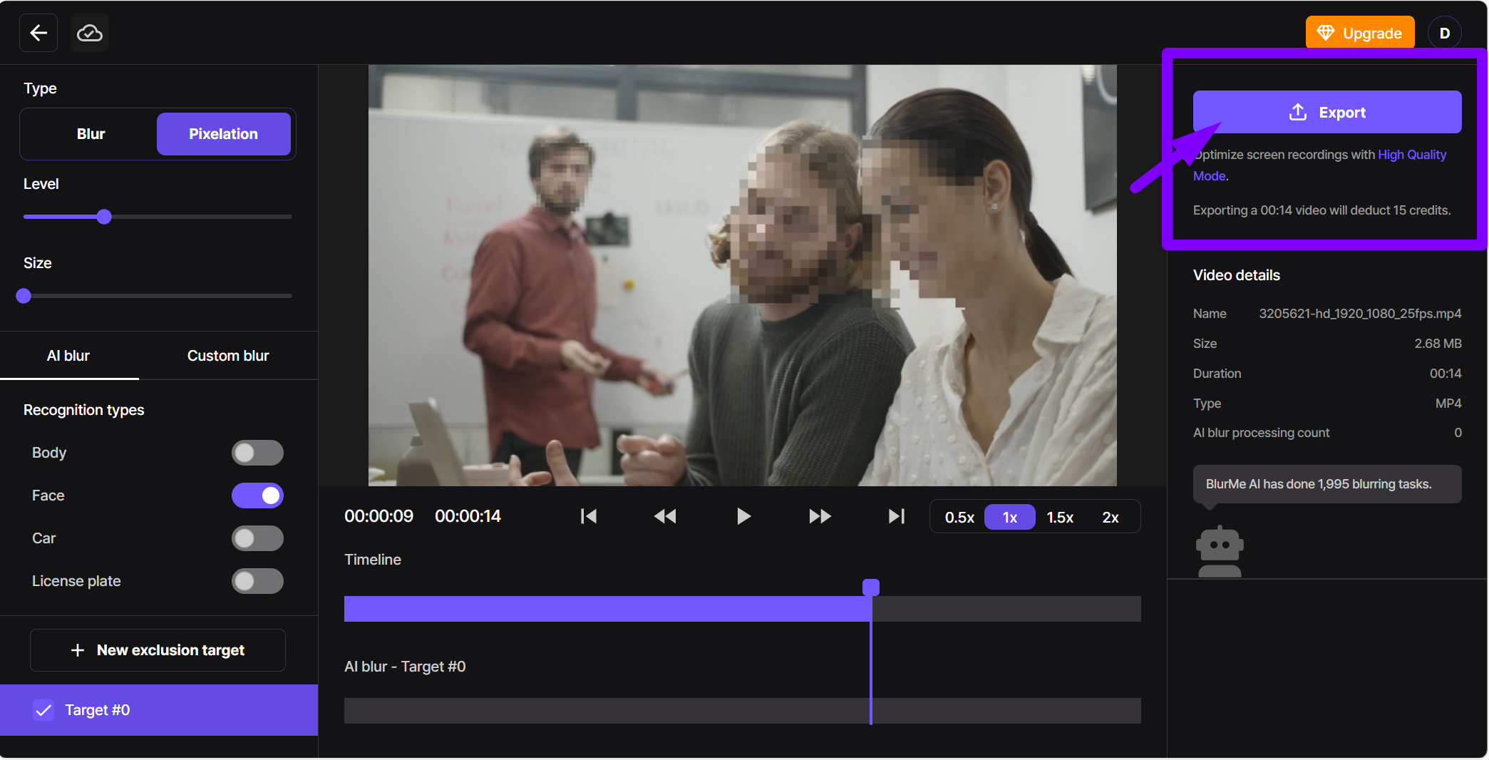 Screenshot of the final pixelated video with export button highlighted