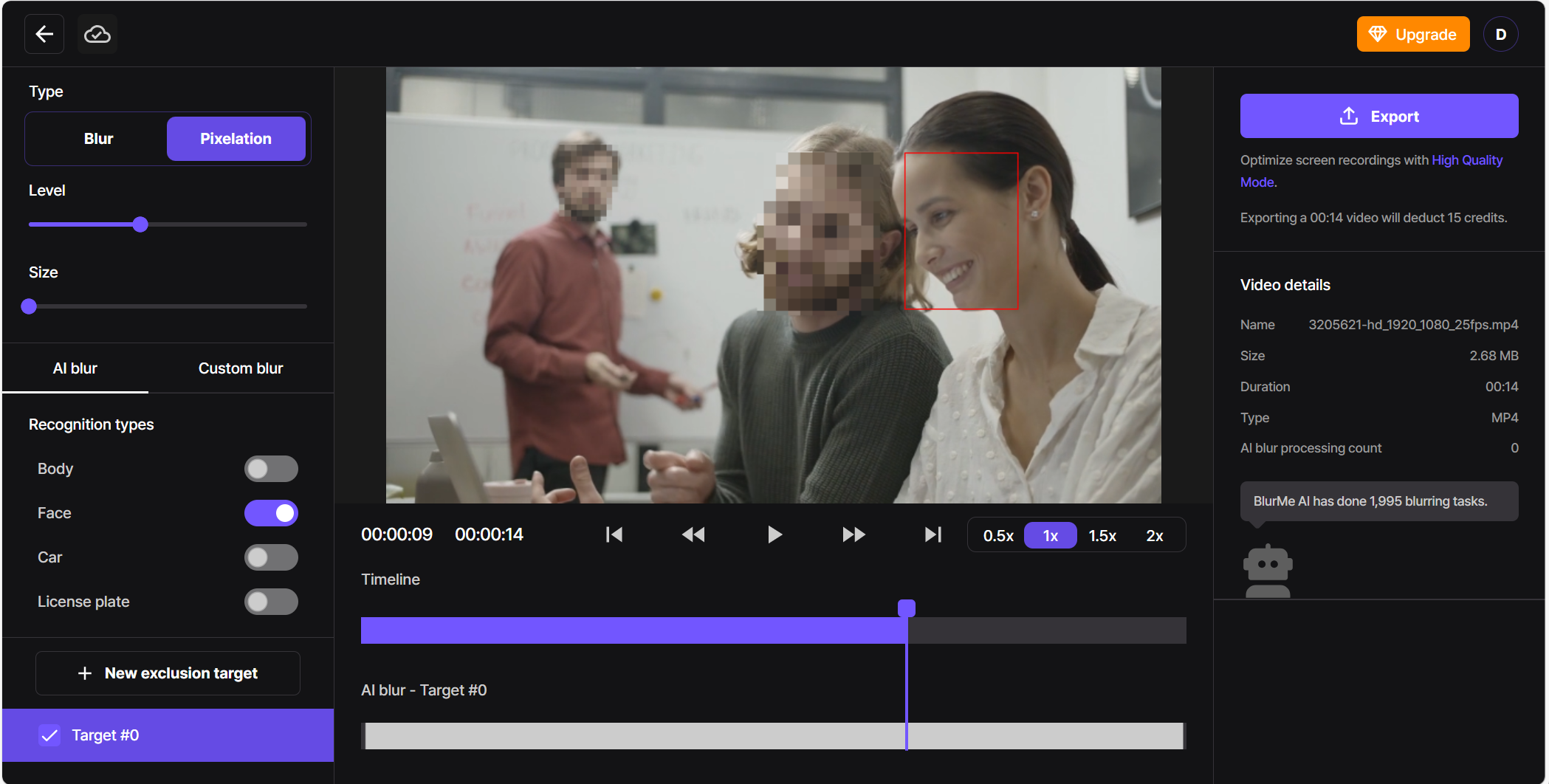 Screenshot of the Pixelation Tool interface with subjects selected for pixelation