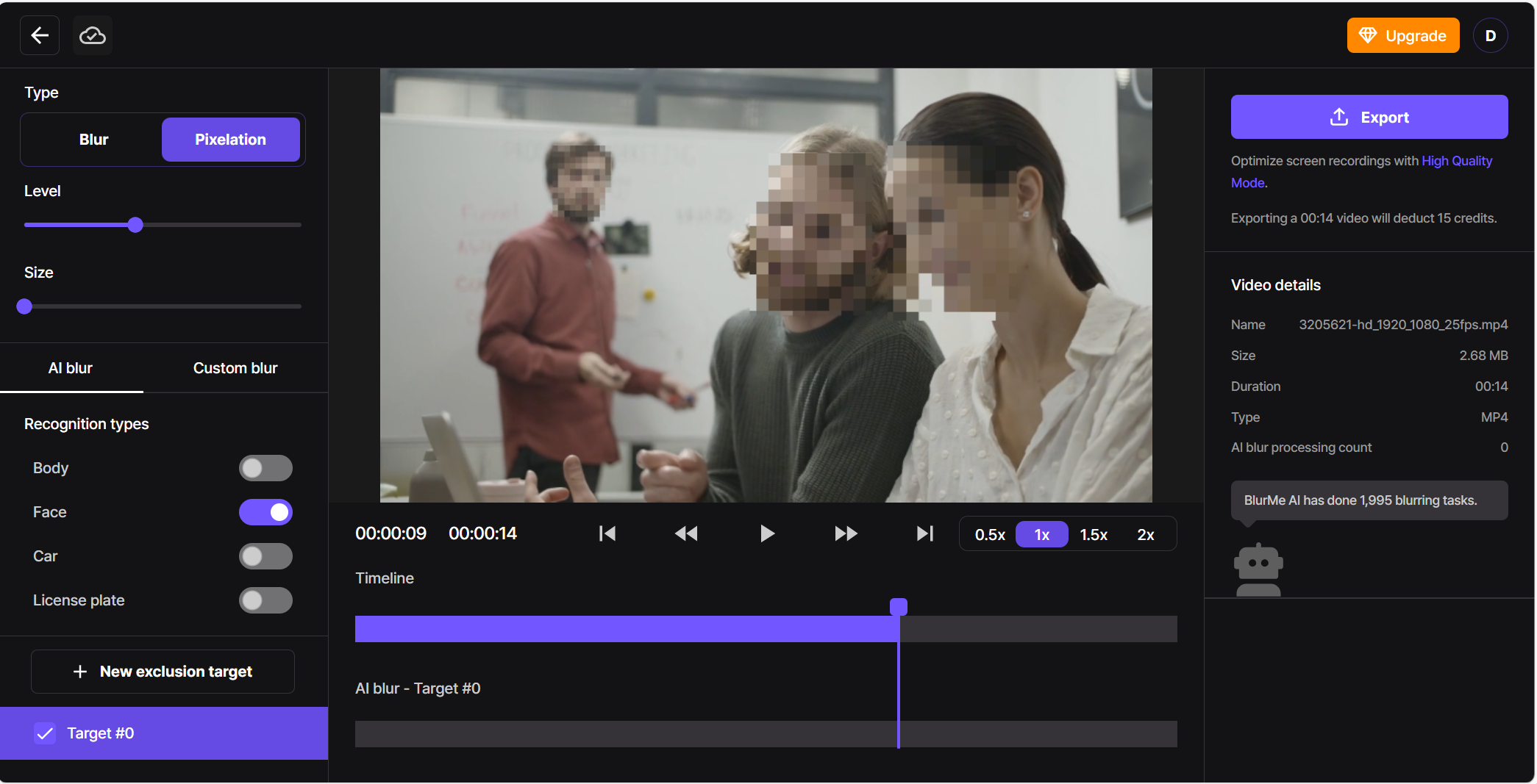 Screenshot of a pixelated face in a video with pixel intensity settings visible