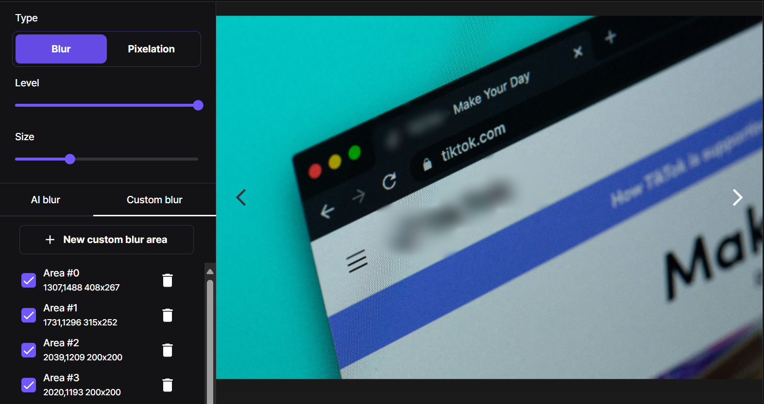 Screenshot of BlurMe’s custom blur tool applied to a selected logo in a photo