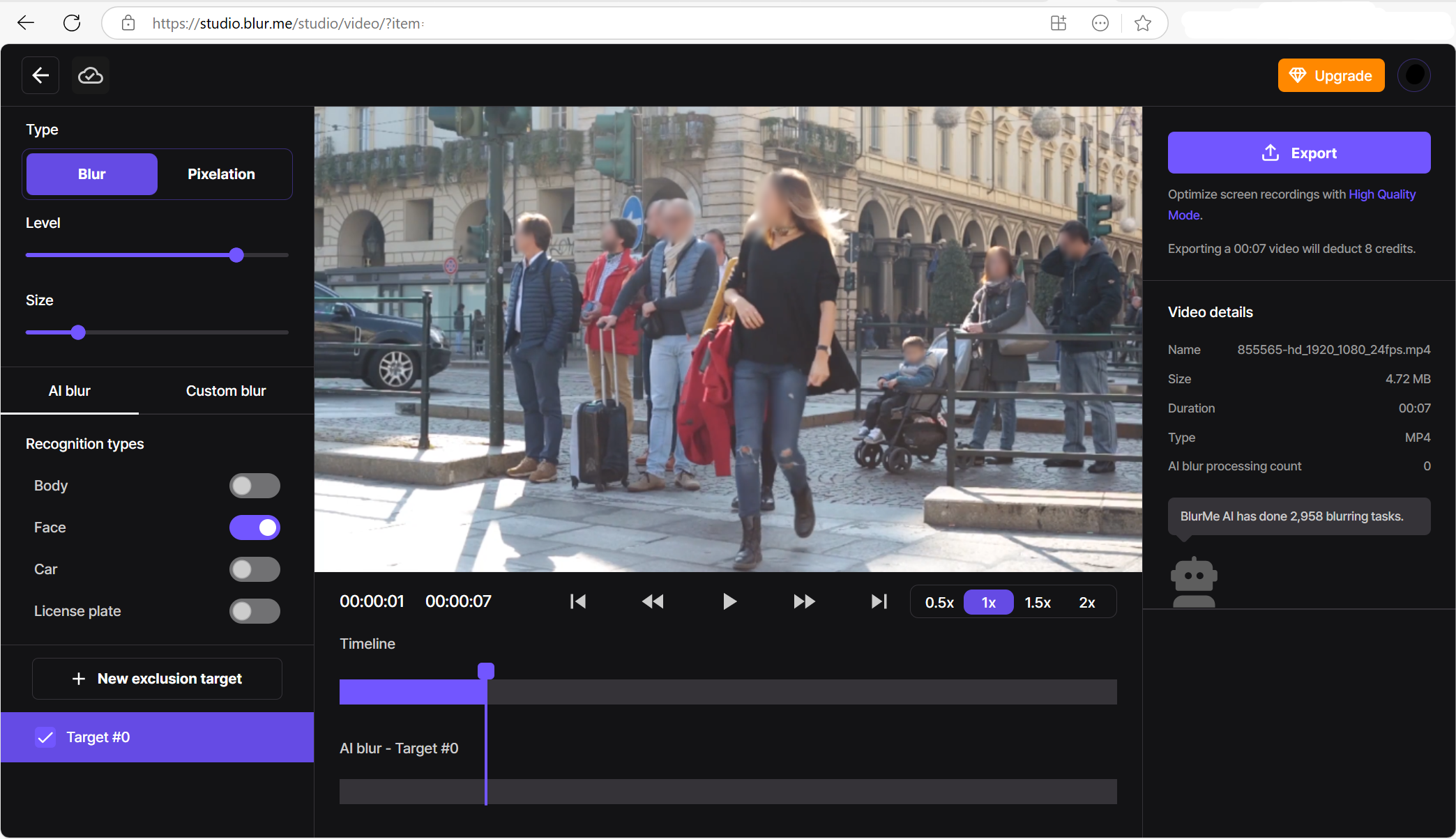 Inshot alternative BlurMe interface highlighting automatic face detection and blurring in a video