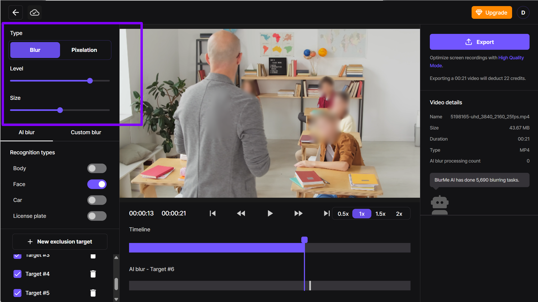 Adjusting blur intensity and focus areas in your video using BlurMe’s intuitive video editor.