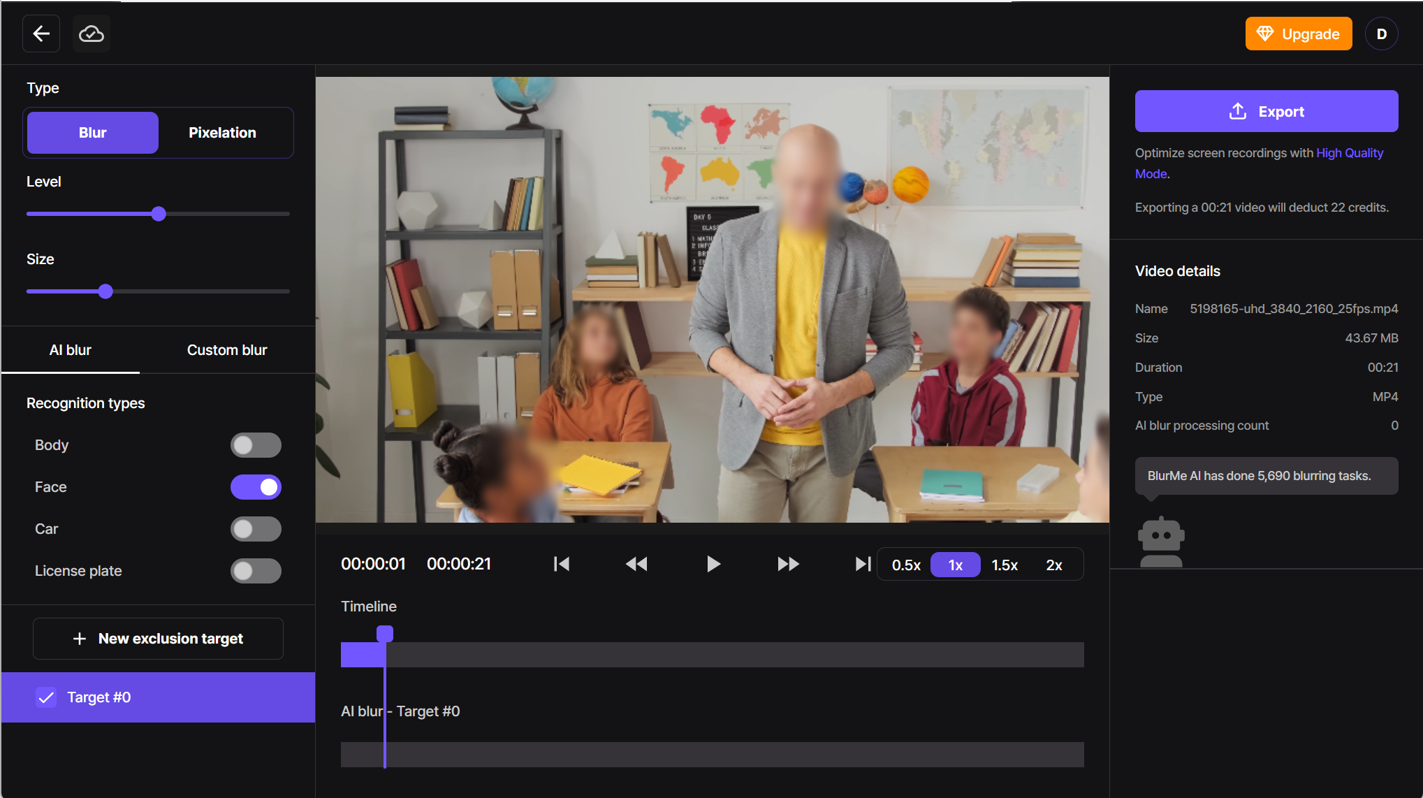 Screenshot showing BlurMe’s AI automatically blurring faces in the video