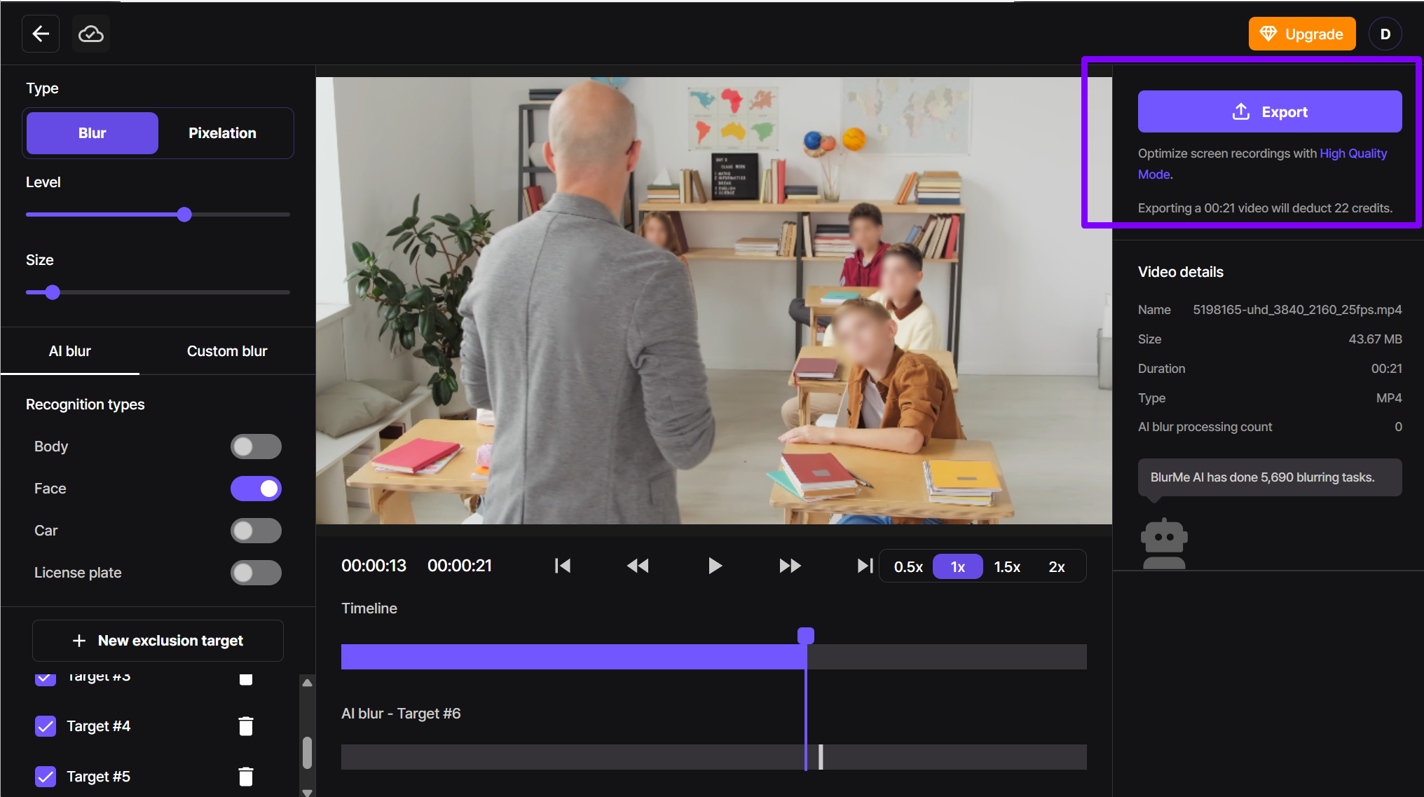 Screenshot of the export screen in BlurMe
