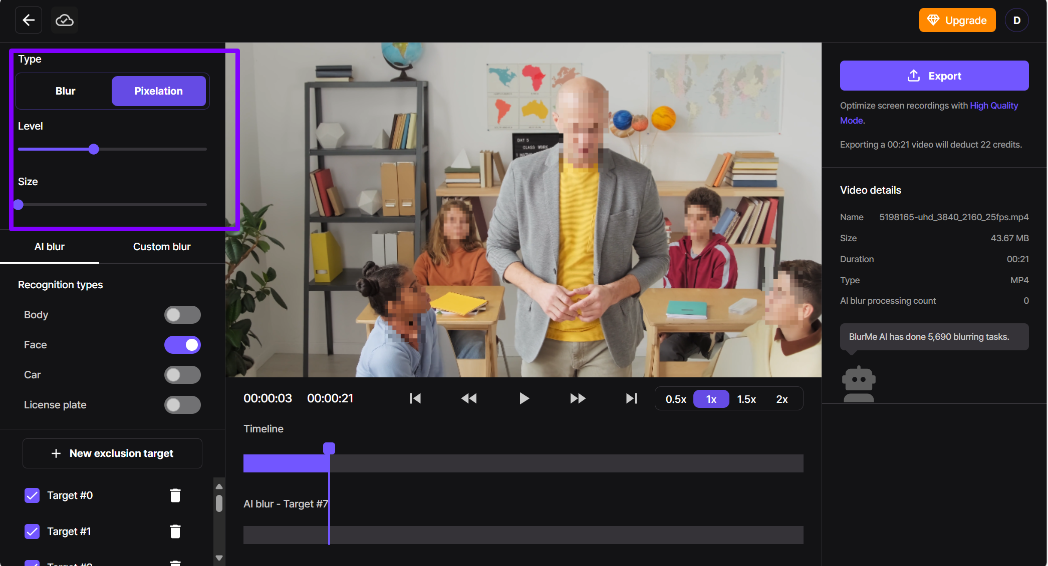 Screenshot of a user resizing the pixelation mask and adjusting pixelation intensity using sliders