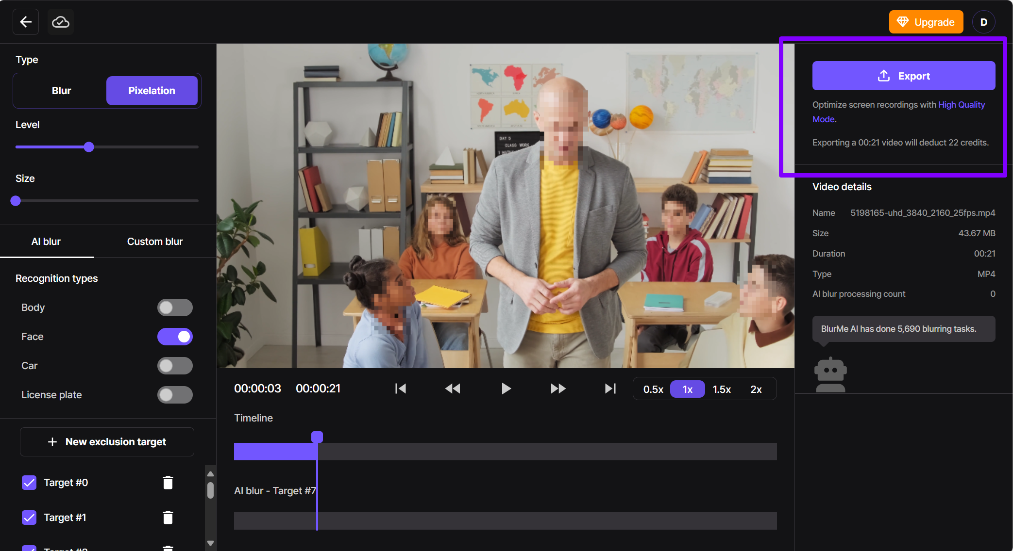  Final step in BlurMe showing pixelated video preview and export button ready