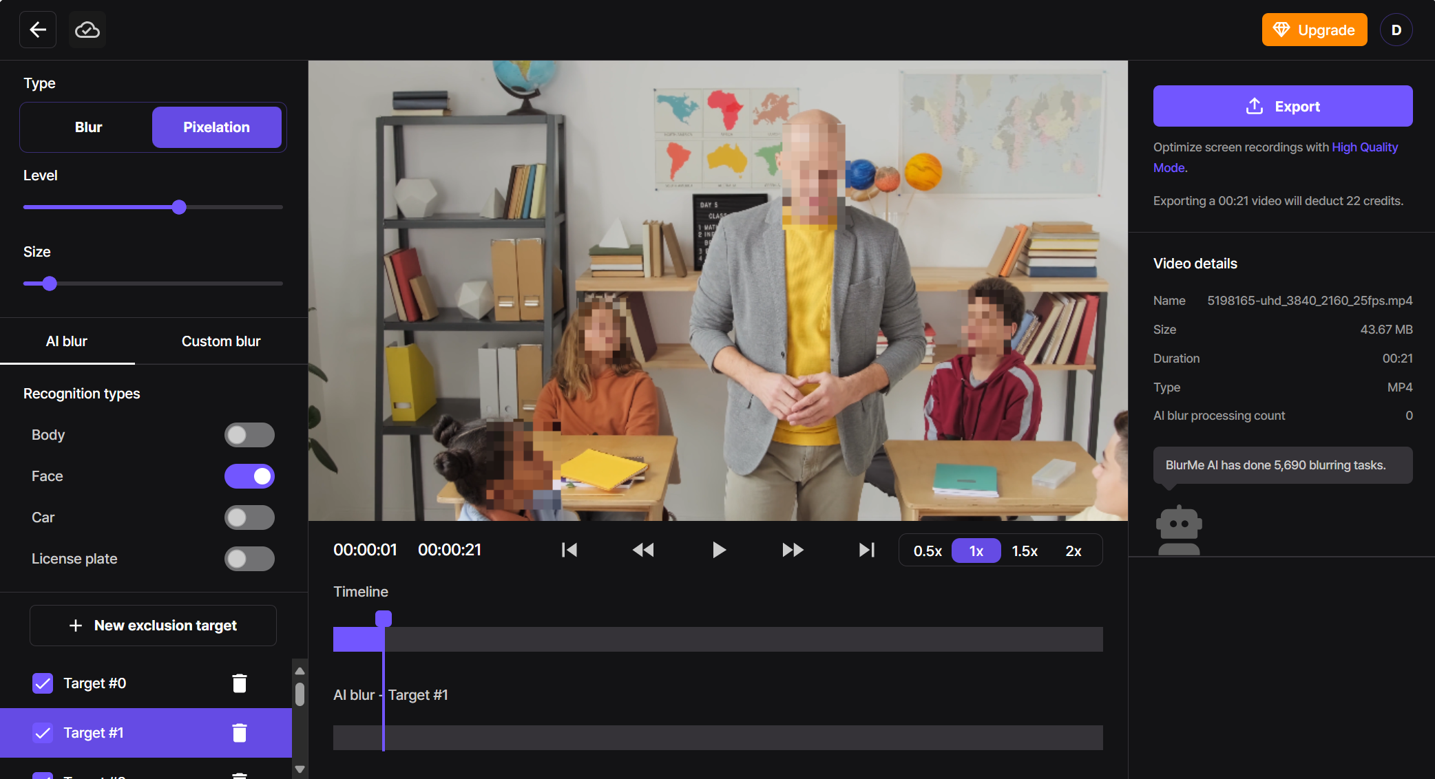 BlurMe editor showing options to pixelate face, body, license plate, car, or a custom area on a loaded video