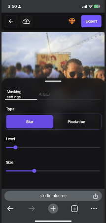 iPhone screen showing blur intensity adjustment options in BlurMe’s editing tool