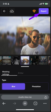  iPhone screen displaying a final image with a blurred background and export options in BlurMe