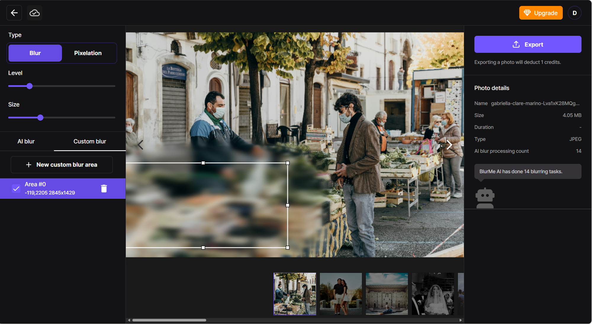 Screenshot of BlurMe editor with Custom Blur selected and Gaussian Blur highlighted