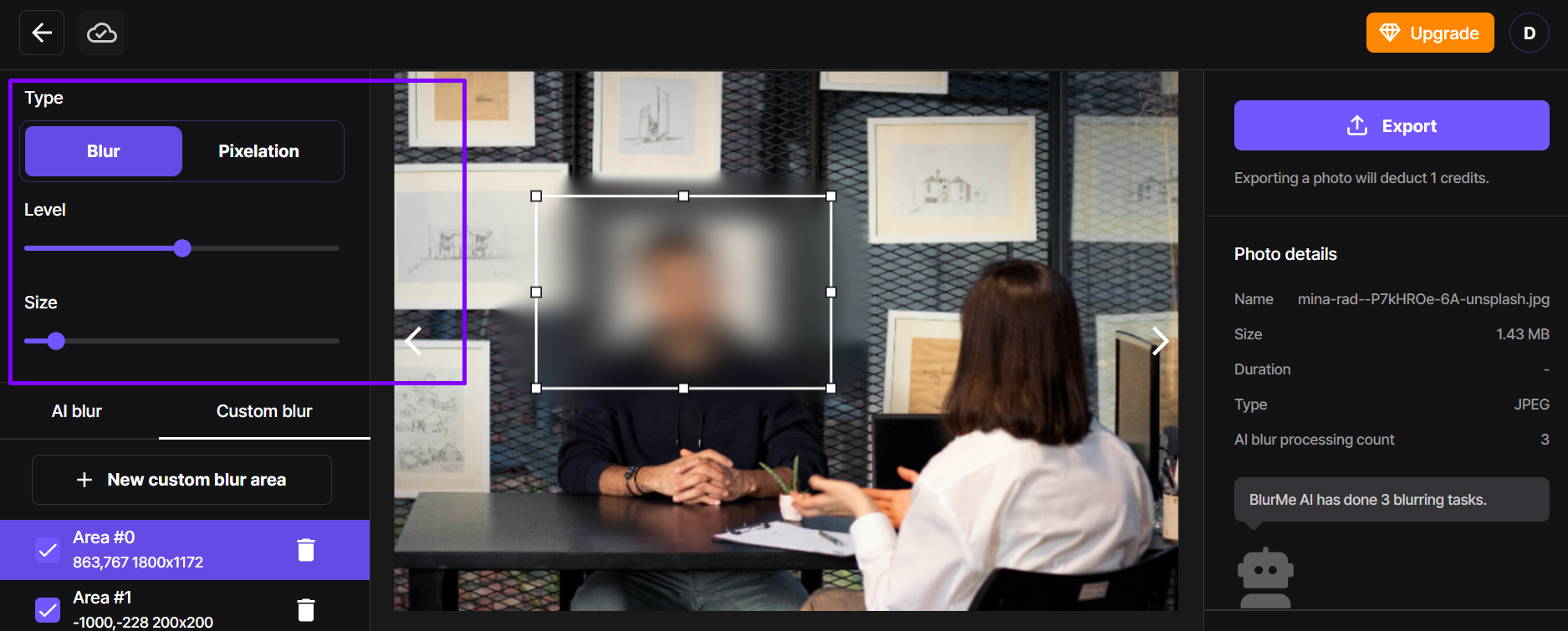 Selecting the Custom Blur tool to create a blurry box effect and adjust the blur radius on a photo