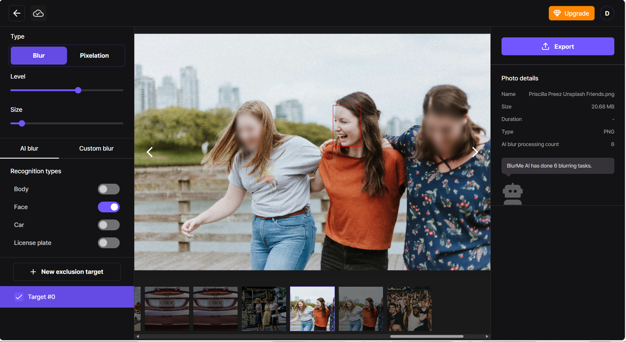 Selecting blur type in BlurMe – face blur, background blur, or custom blur option.