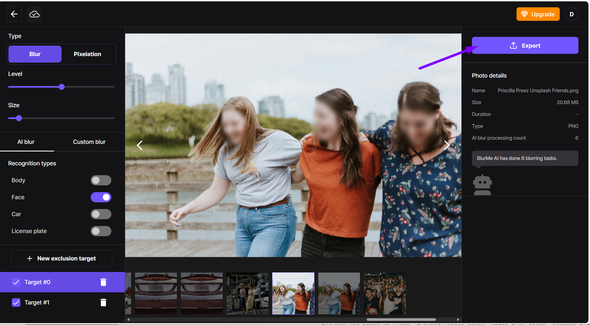 Screenshot of a blurred photo in BlurMe with the “Export” button highlighted to save the edited image