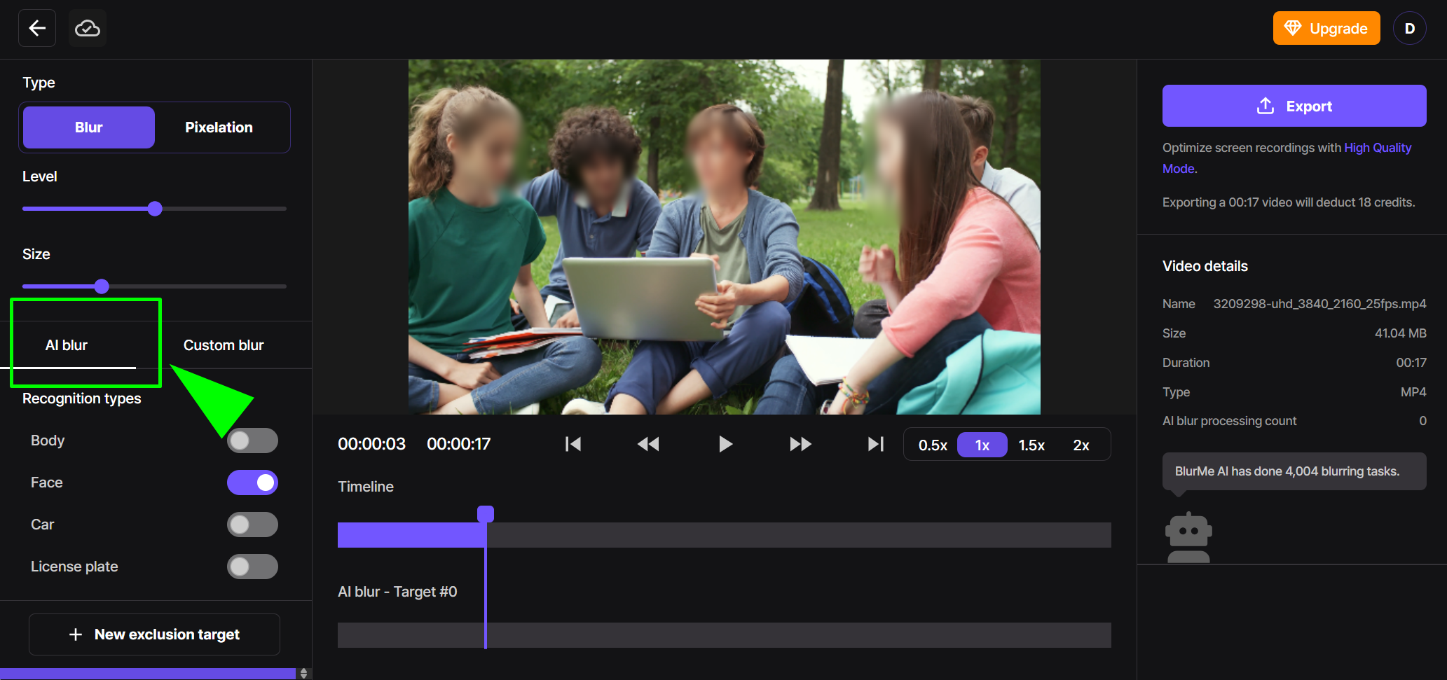 Image showing the BlurMe interface with “AI Blur” selected, preparing to auto-detect and track moving faces or objects in the video.