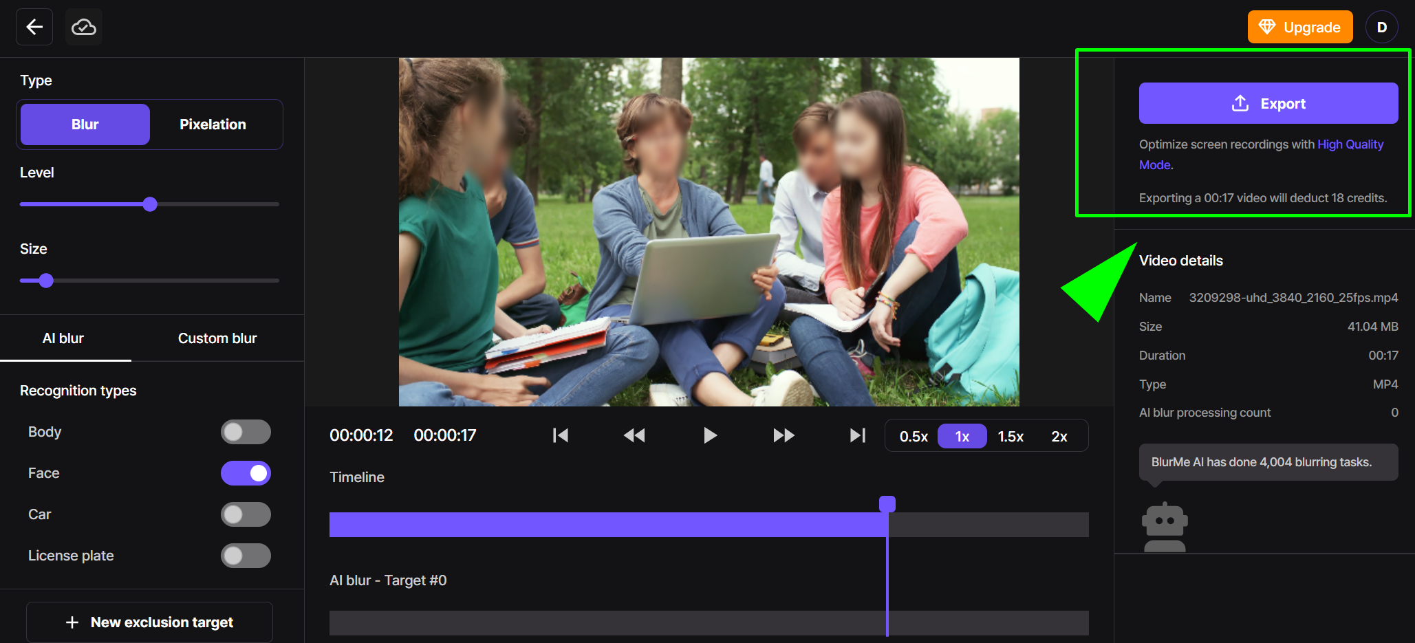 Final video preview in BlurMe with multiple moving objects blurred, and export button ready to download the edited video.