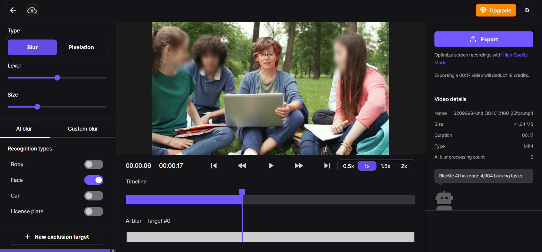 User interface showing options to blur faces, license plates, or full bodies using BlurMe’s AI motion tracking feature.