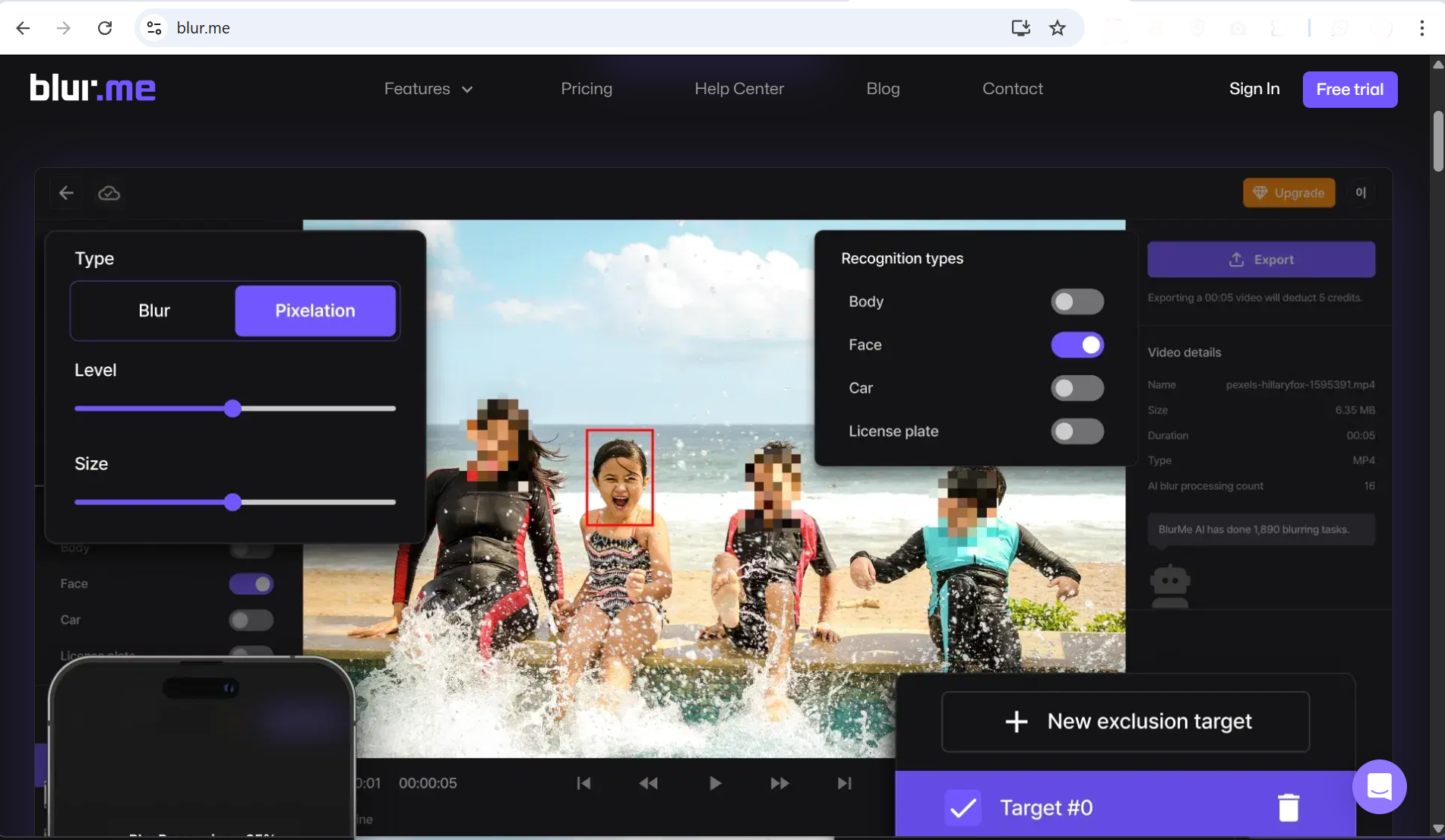 Screenshot of BlurMe homepage with options to blur images online using AI.