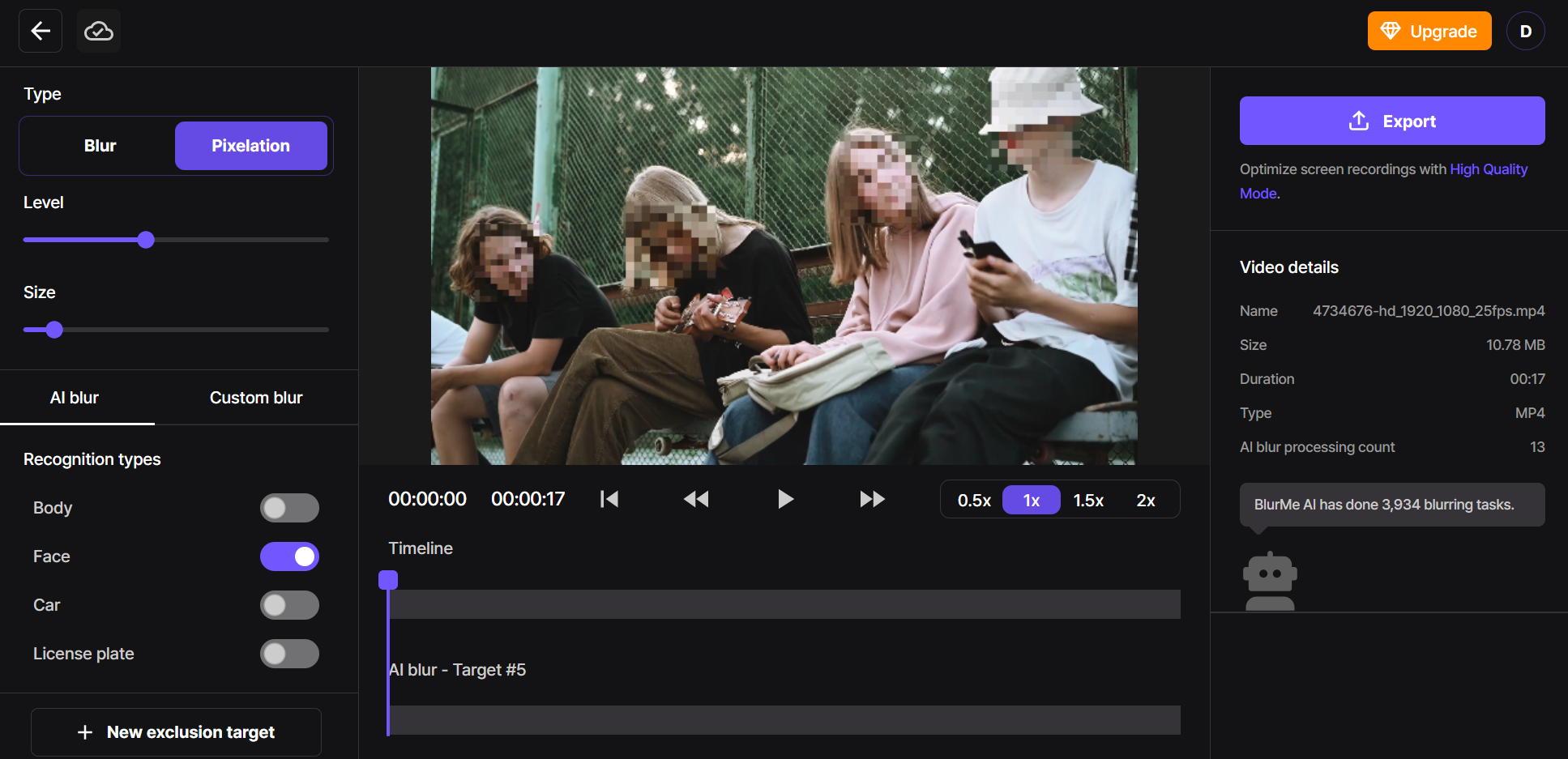 Selecting the pixelate tool on the BlurMe video face blurring software to apply mosaic