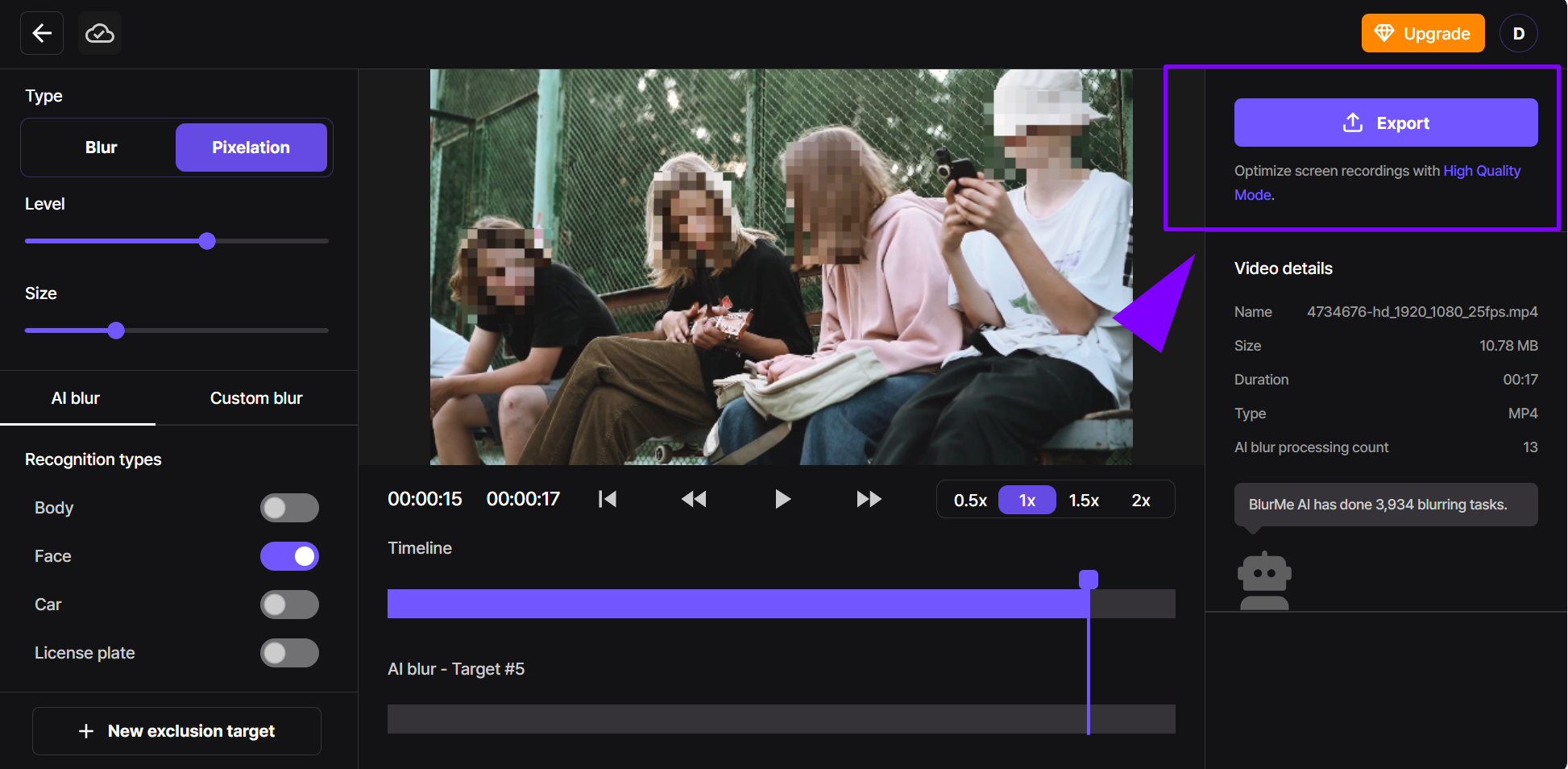 Exporting the final pixelated video after using the BlurMe pixelate tool