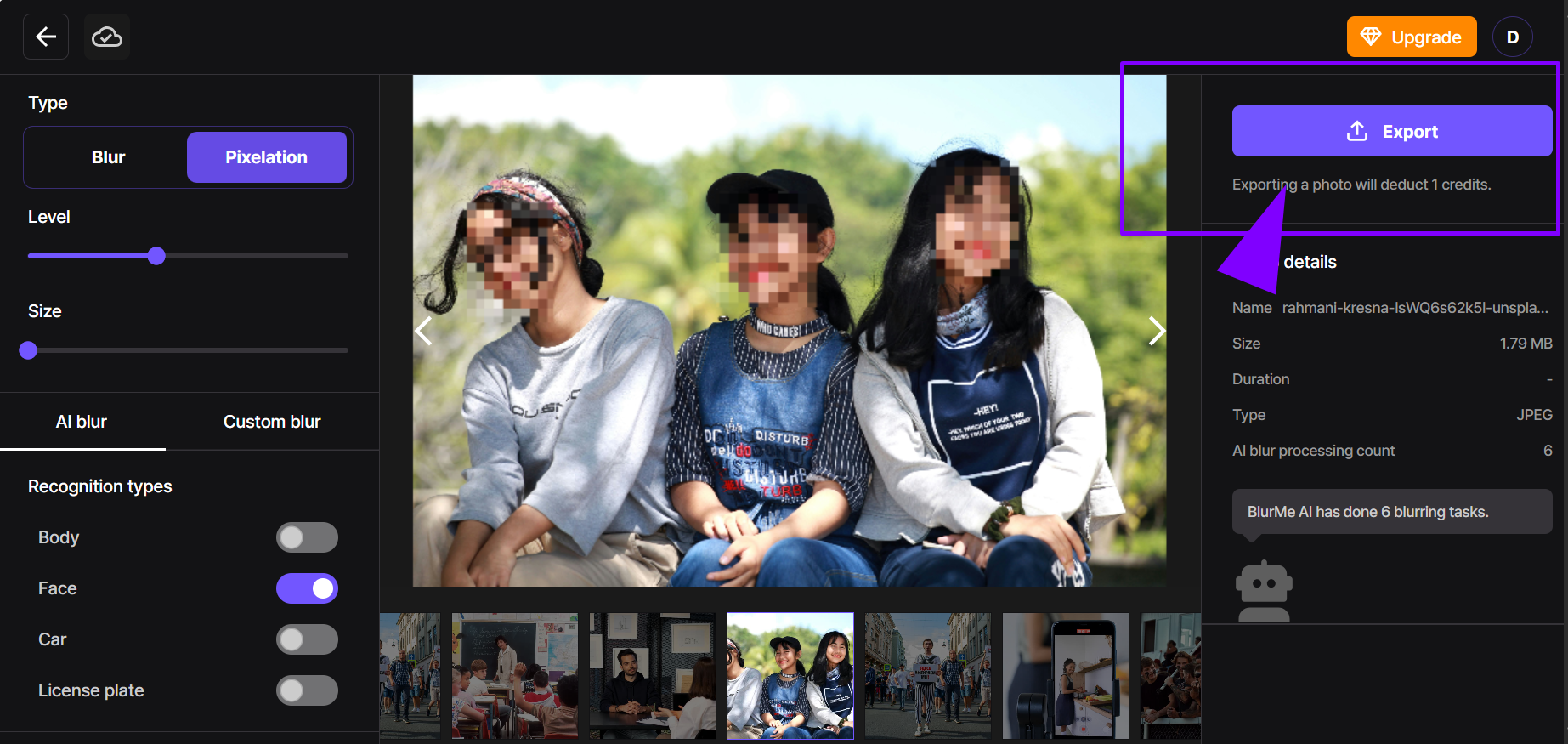 Bouton d'exportation mis en évidence après avoir appliqué le filtre de pixels à l'image en utilisant le pixelliseur de BlurMe