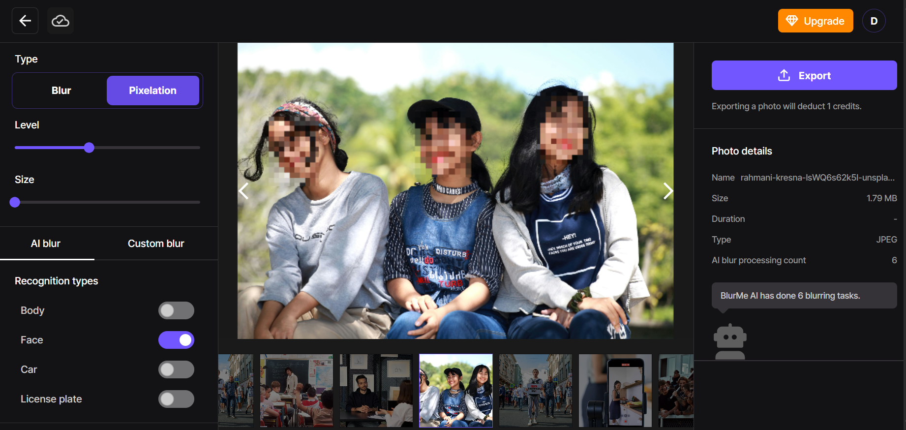 Screenshot of BlurMe’s AI Face Blur tool auto-detecting and pixelating multiple faces in a video timeline.