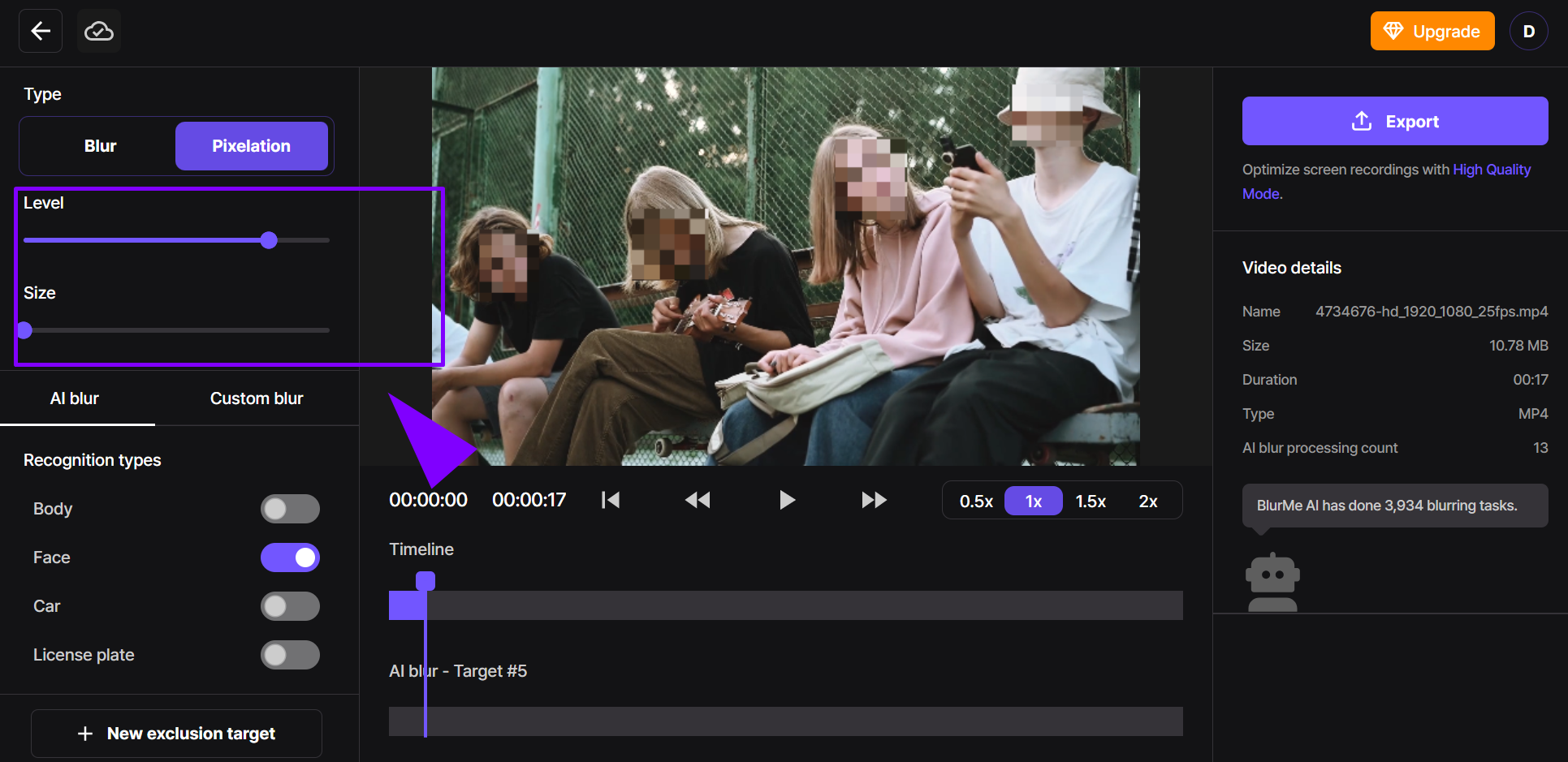 Adjusting pixelation intensity to create a customized pixelated video