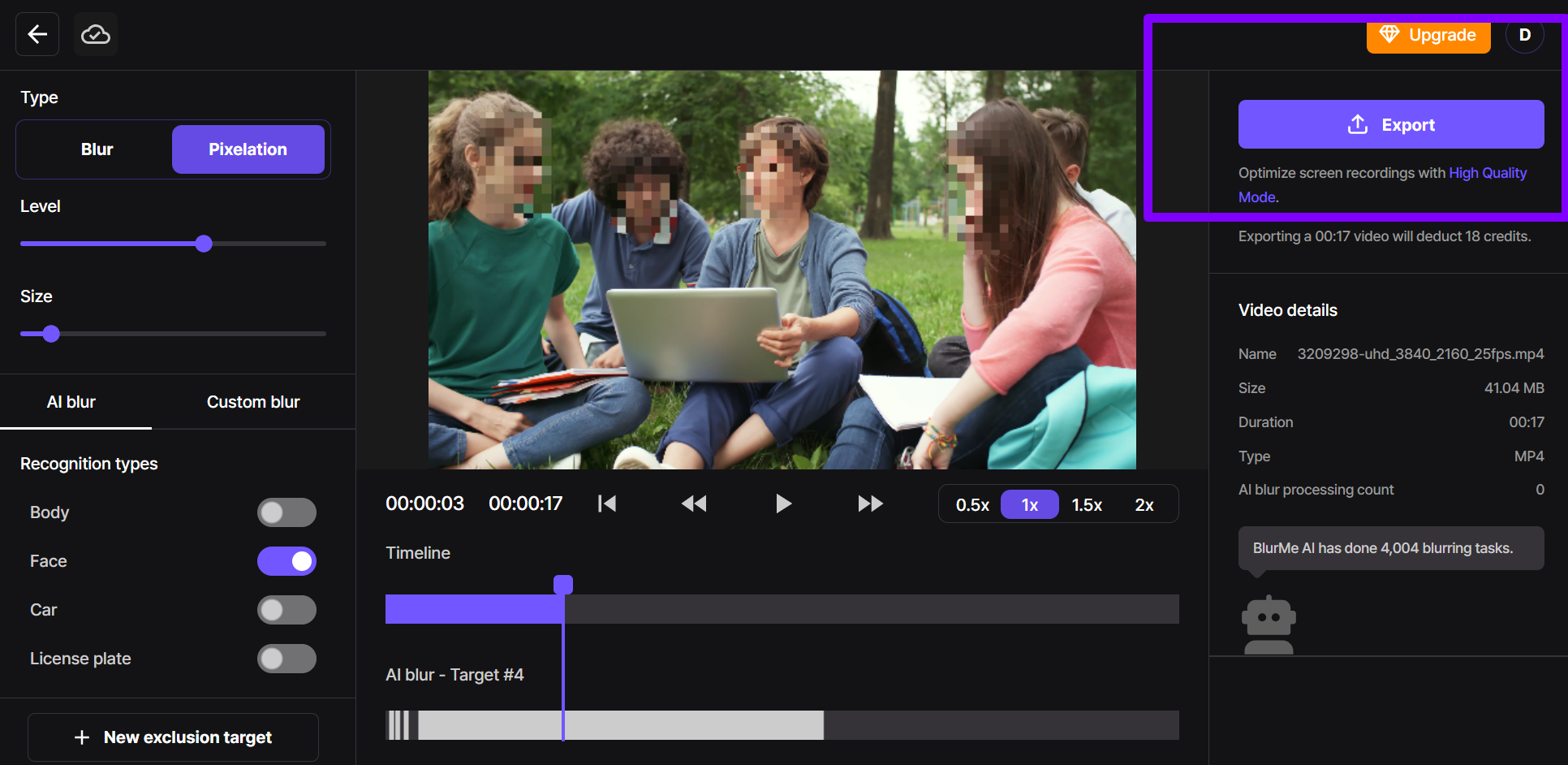 Final step of exporting video in BlurMe with export button highlighted for downloading pixelated video.