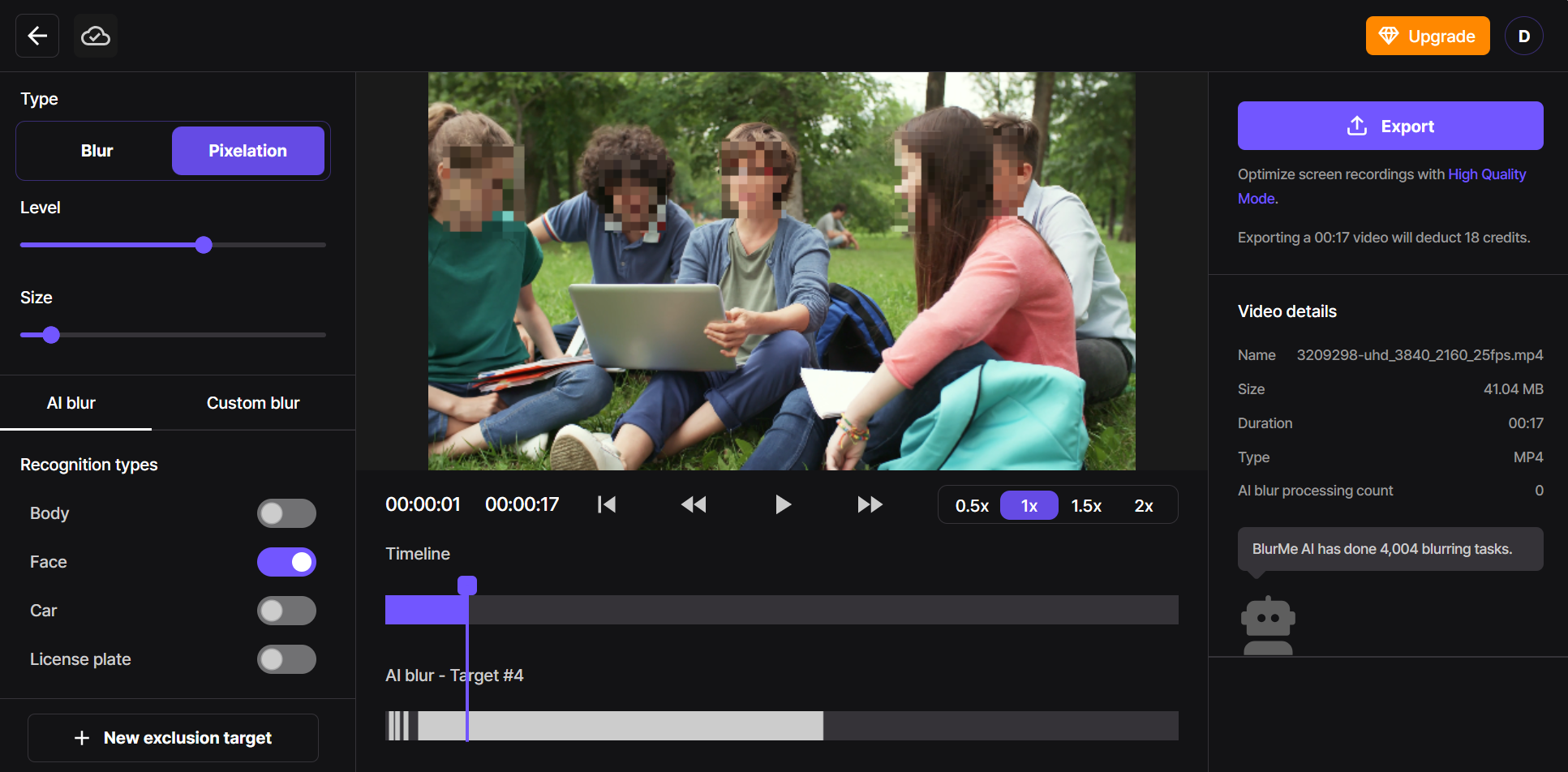BlurMe video editor showing options to select ‘AI Face Blur’ or ‘Custom Blur’ for video pixelation.