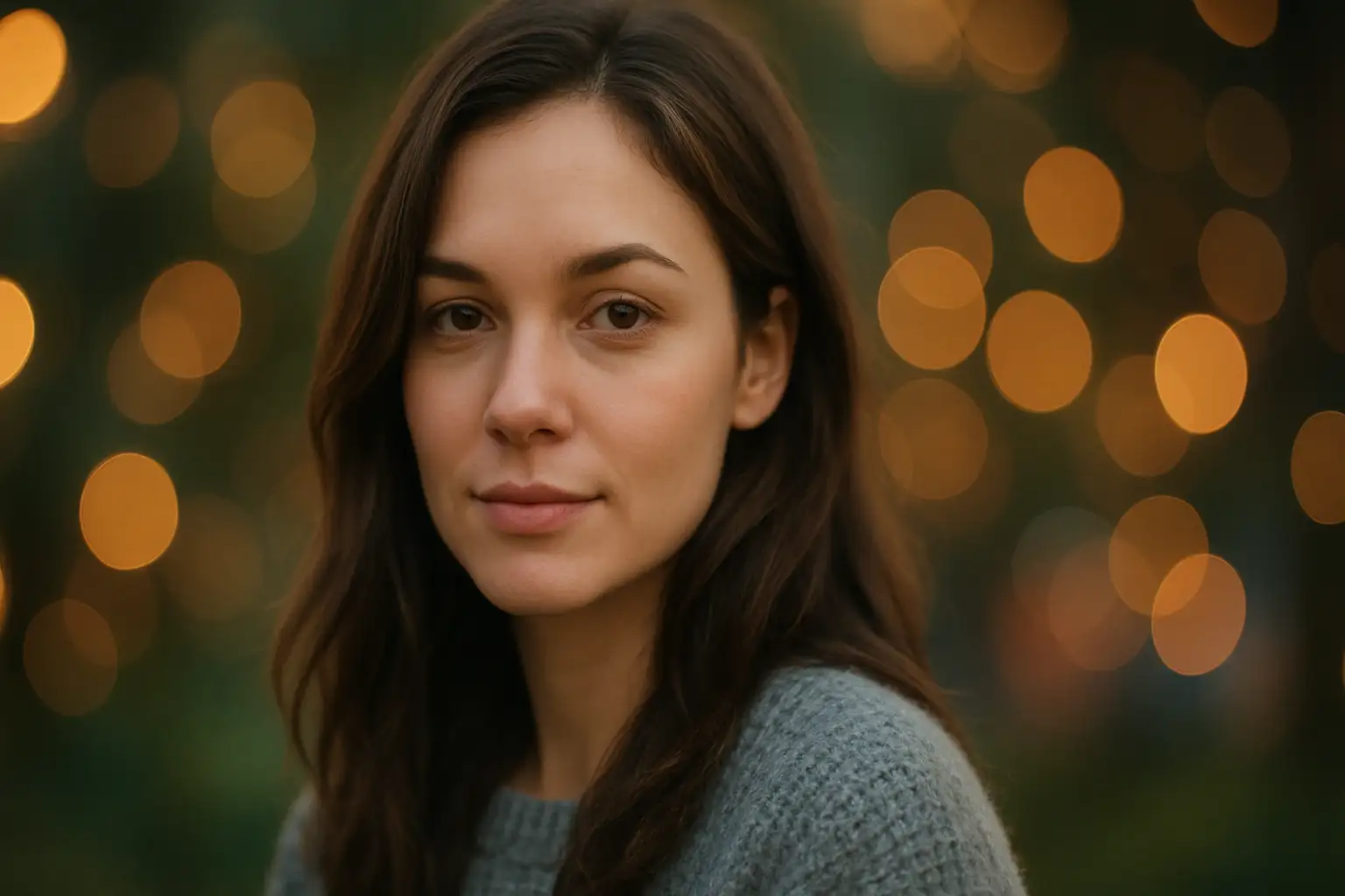 portrait with bokeh effect background, showing smooth bokeh blur, depth of field, and glowing background lighting