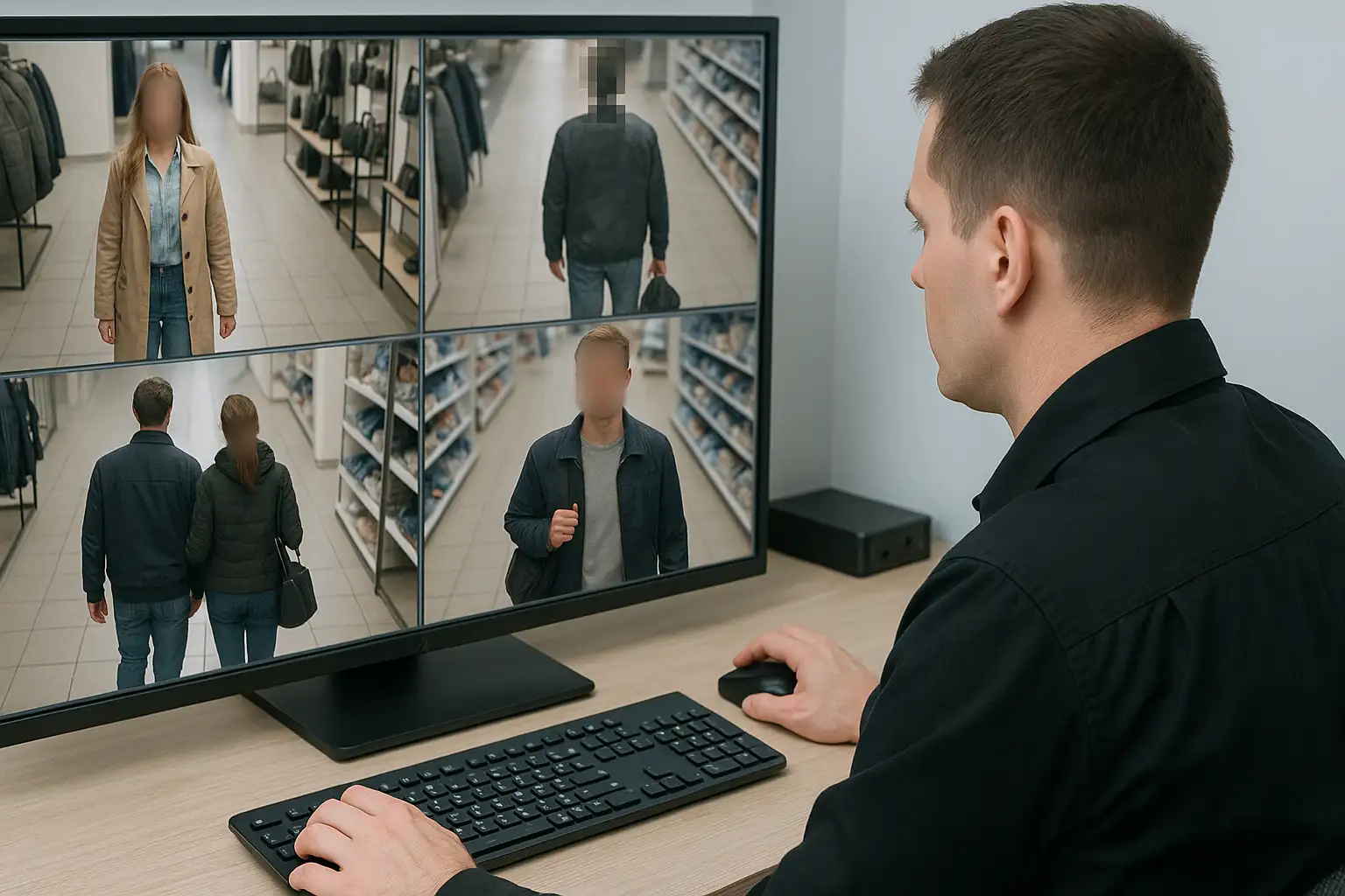 Computer screen showing redacted CCTV footage blurred, representing video redaction software.