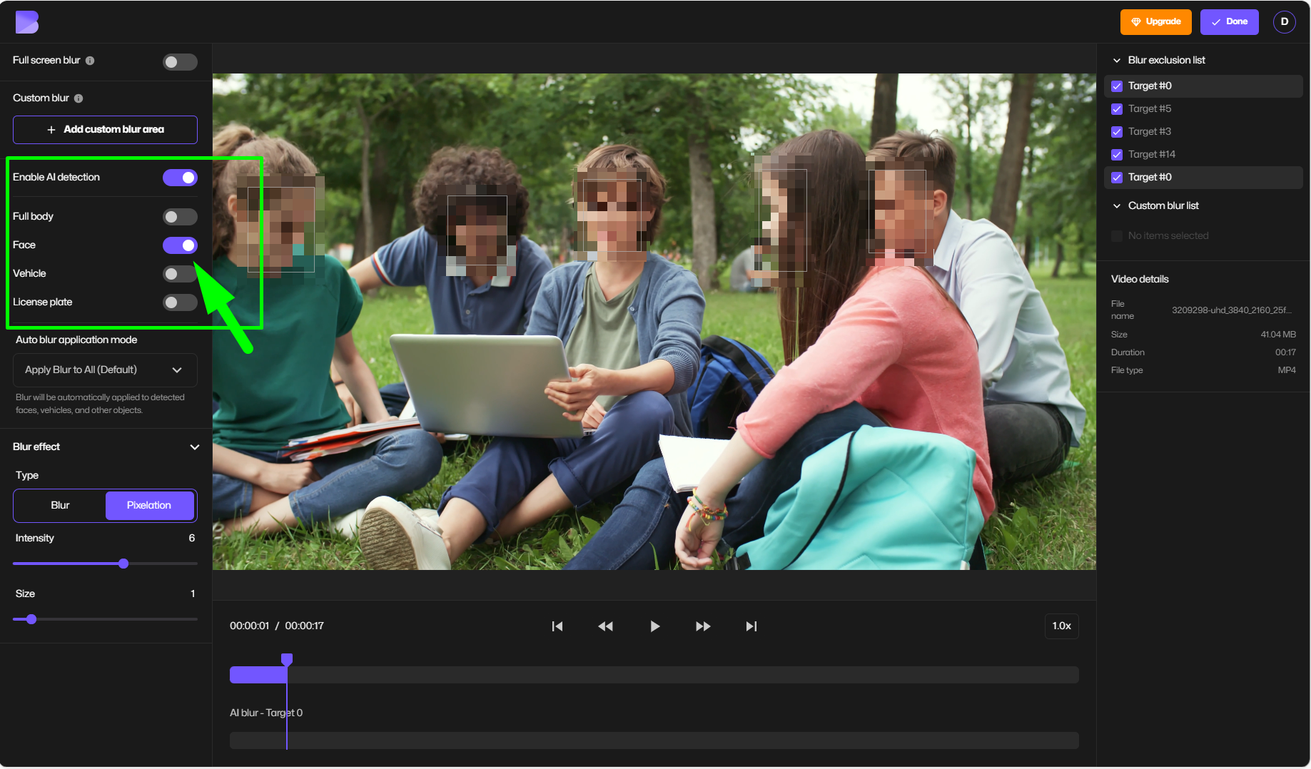 BlurMe video editor interface showing AI auto-detection boxes around faces in a video.