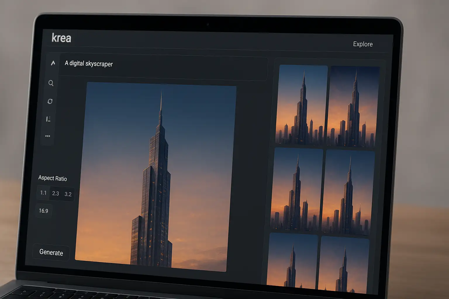Krea AI interface showing AI image generator, upscale, and free app features