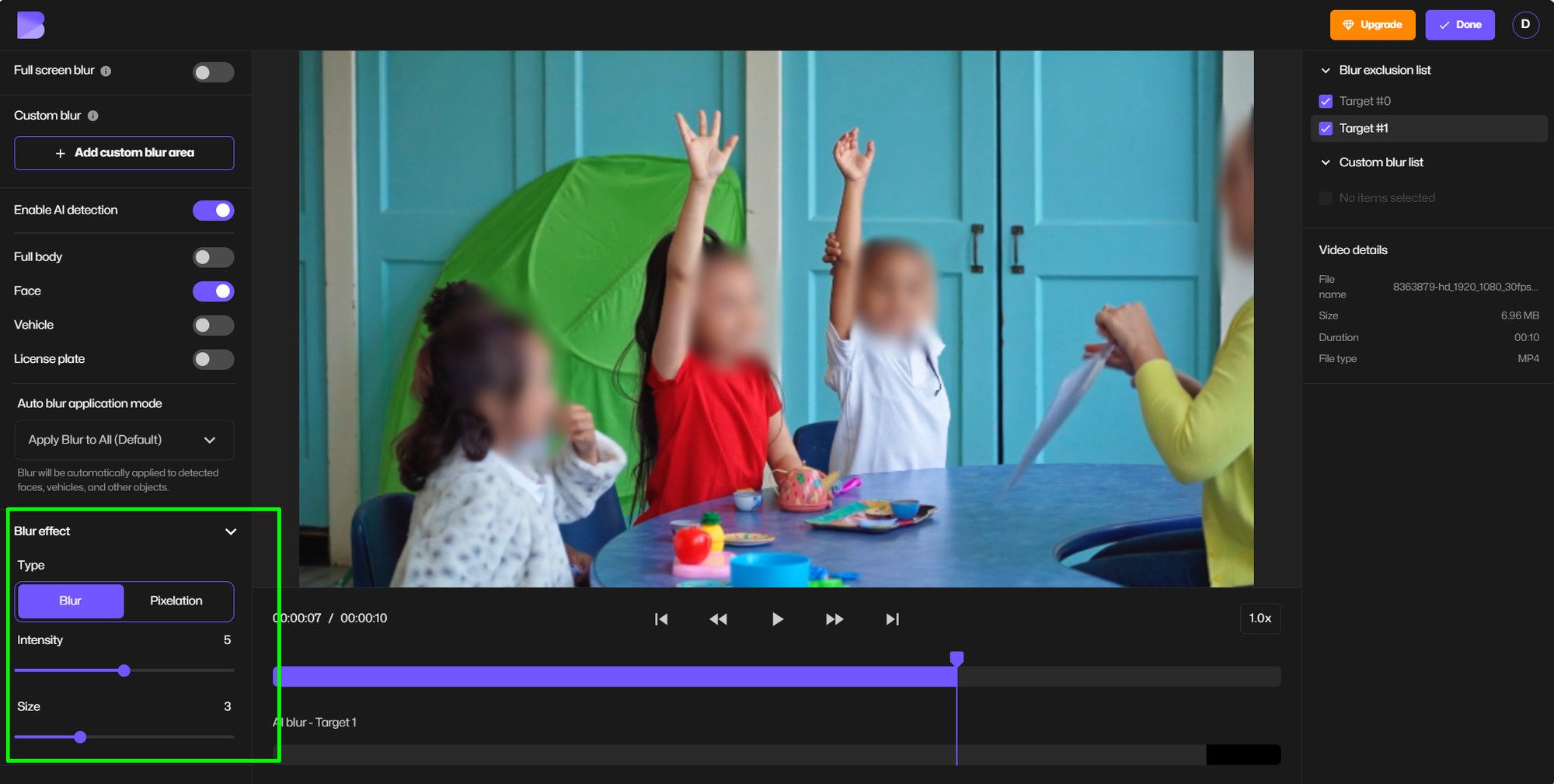 Changing blur style to pixelation, mosaic, or soft blur in BlurMe’s editing panel.