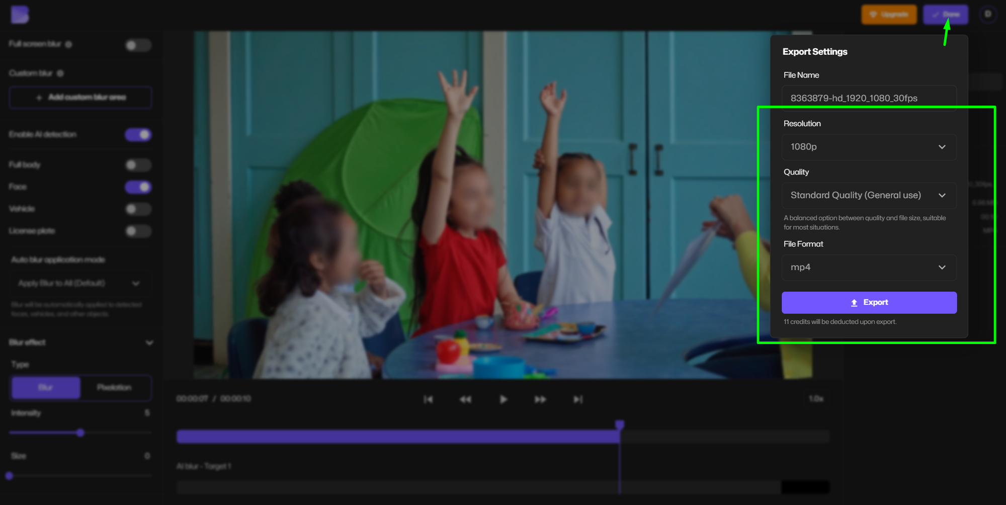 Exporting the final classroom video with all student faces blurred for privacy.