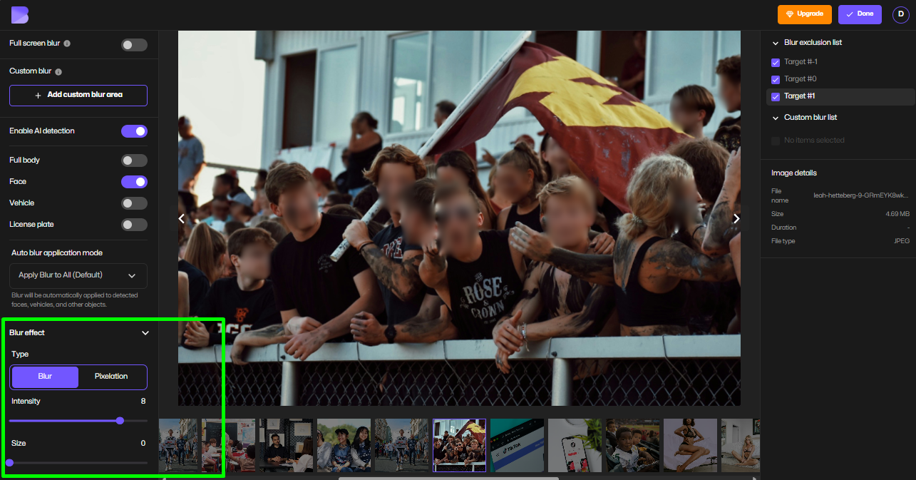 Adjusting blur filter intensity and style for the selected faces in BlurMe photo editor.