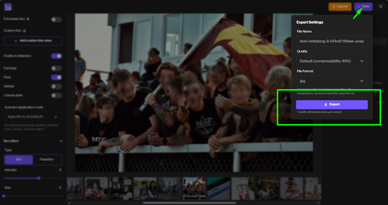 Downloading the edited photo after applying automatic face blur with BlurMe online tool.