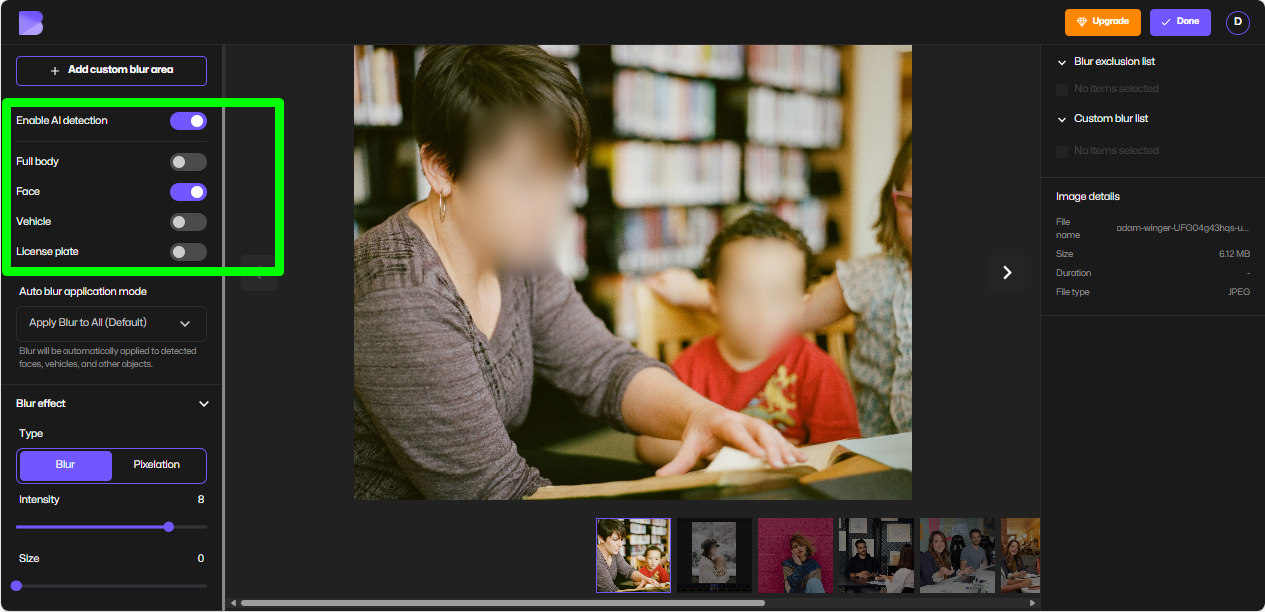 Teacher enabling AI detection for student faces. 