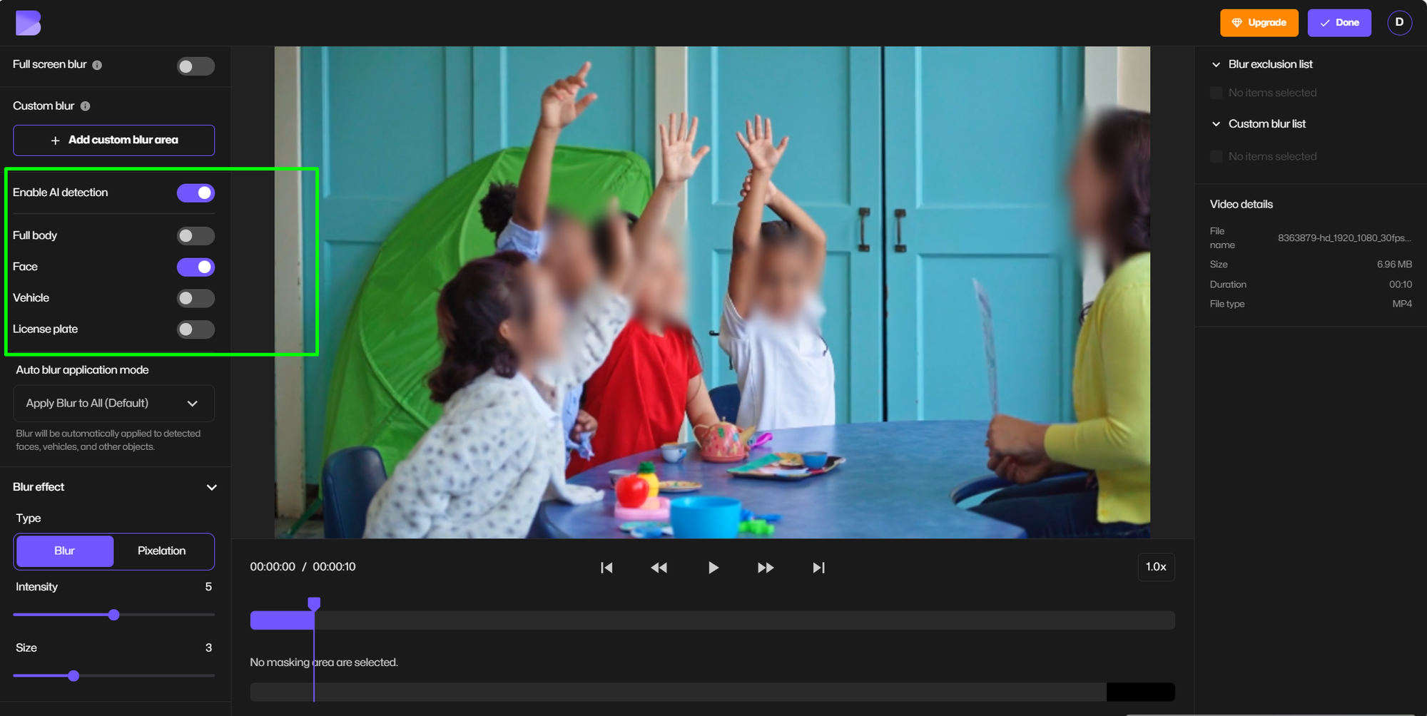 BlurMe automatically detects student faces in a classroom video using AI Face Blur