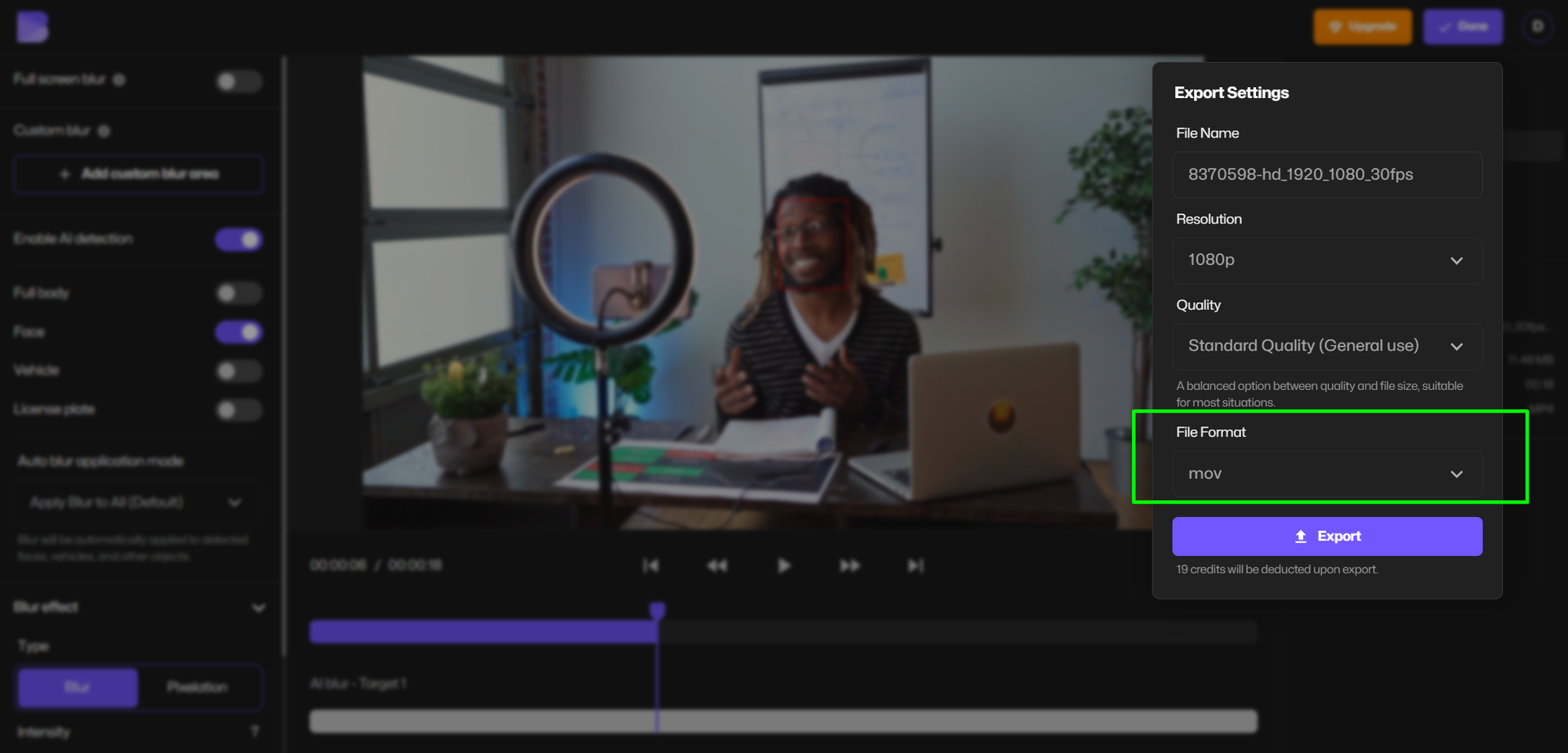Choose MOV as the export format in BlurMe’s free AVI to MOV converter.