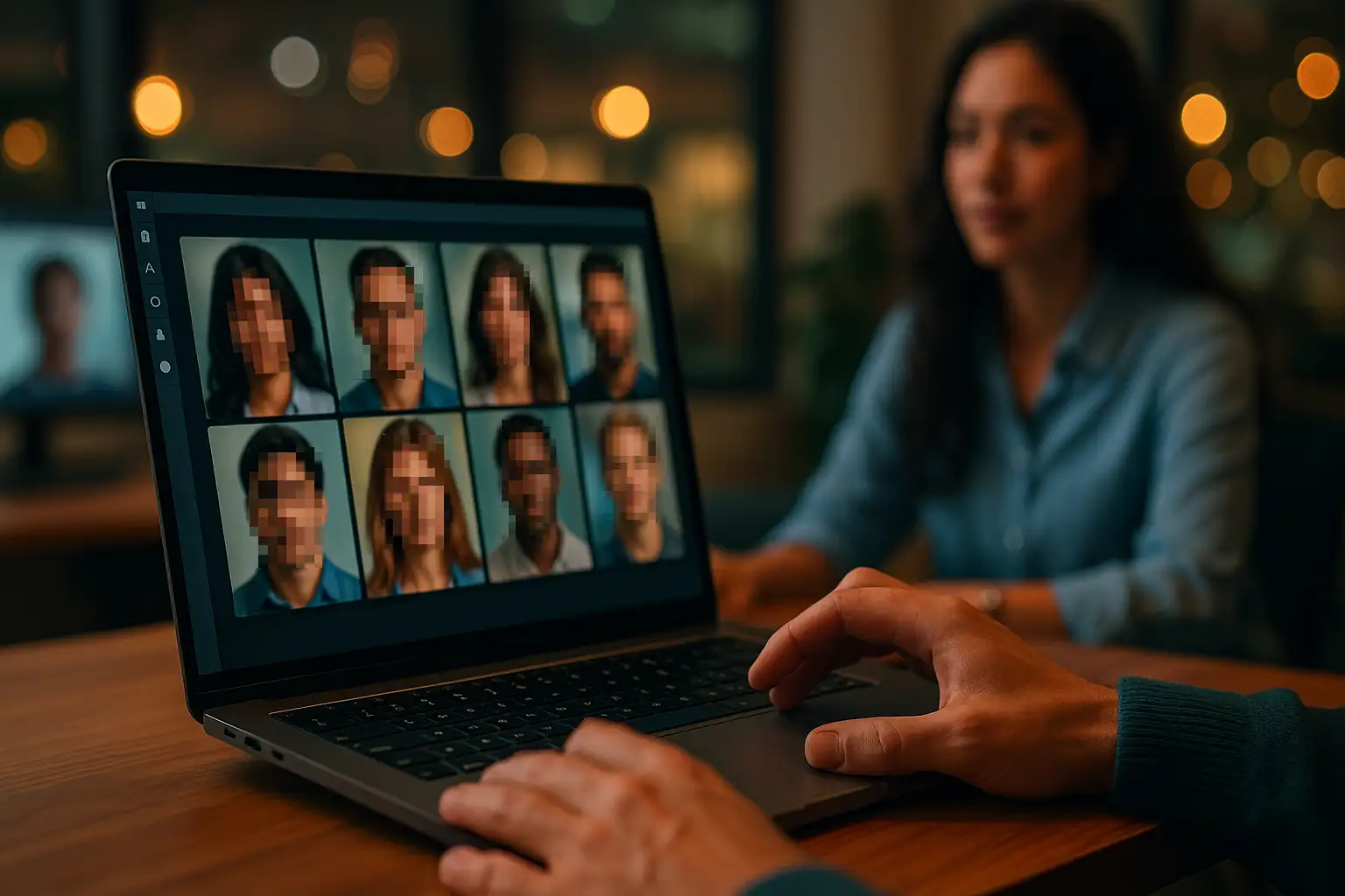 Person using BlurMe AI tool to automatically blur faces in a video for privacy face anonymization.