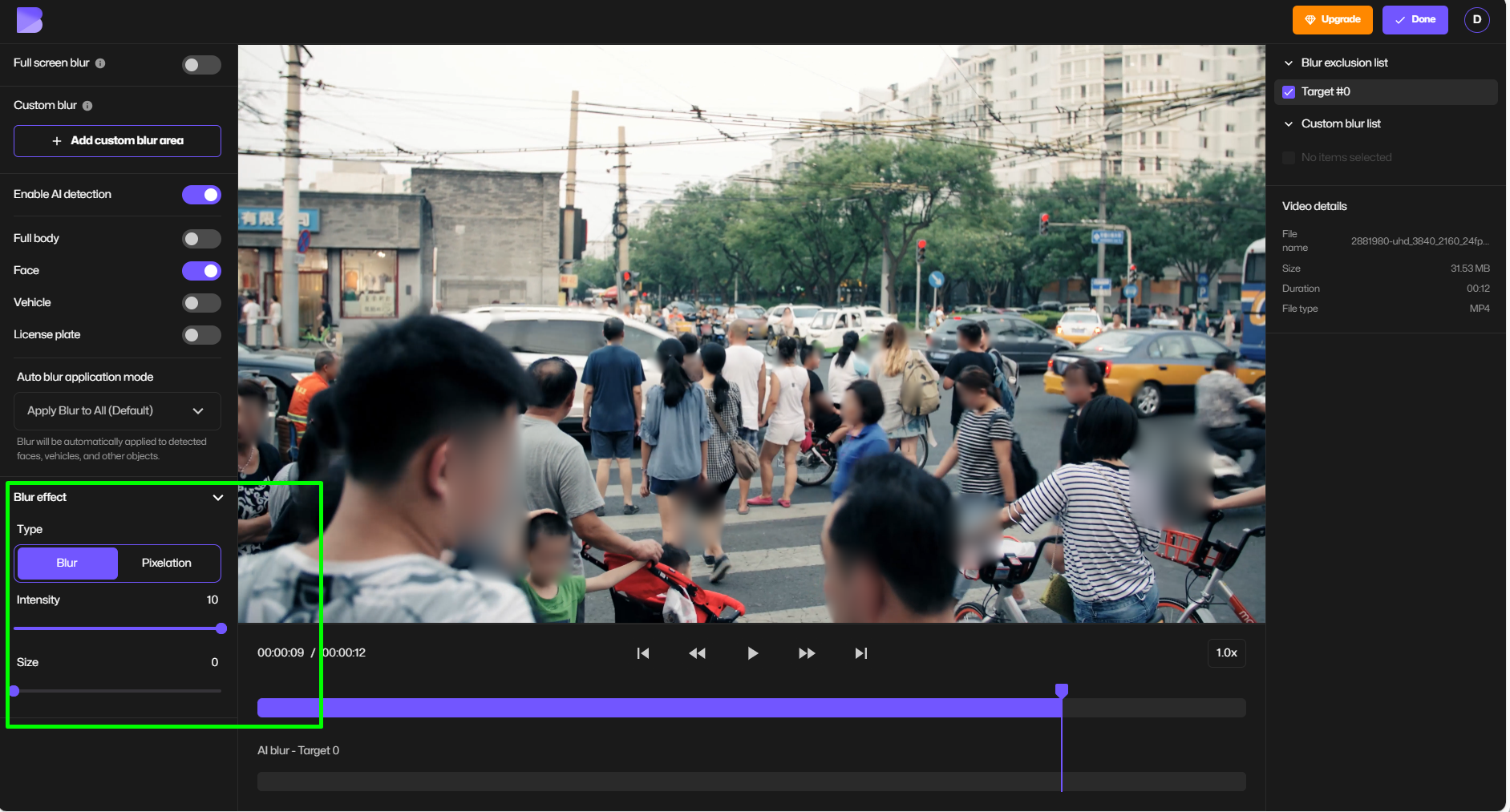 Adjusting blur intensity and choosing pixelation style in BlurMe AI redaction tool.